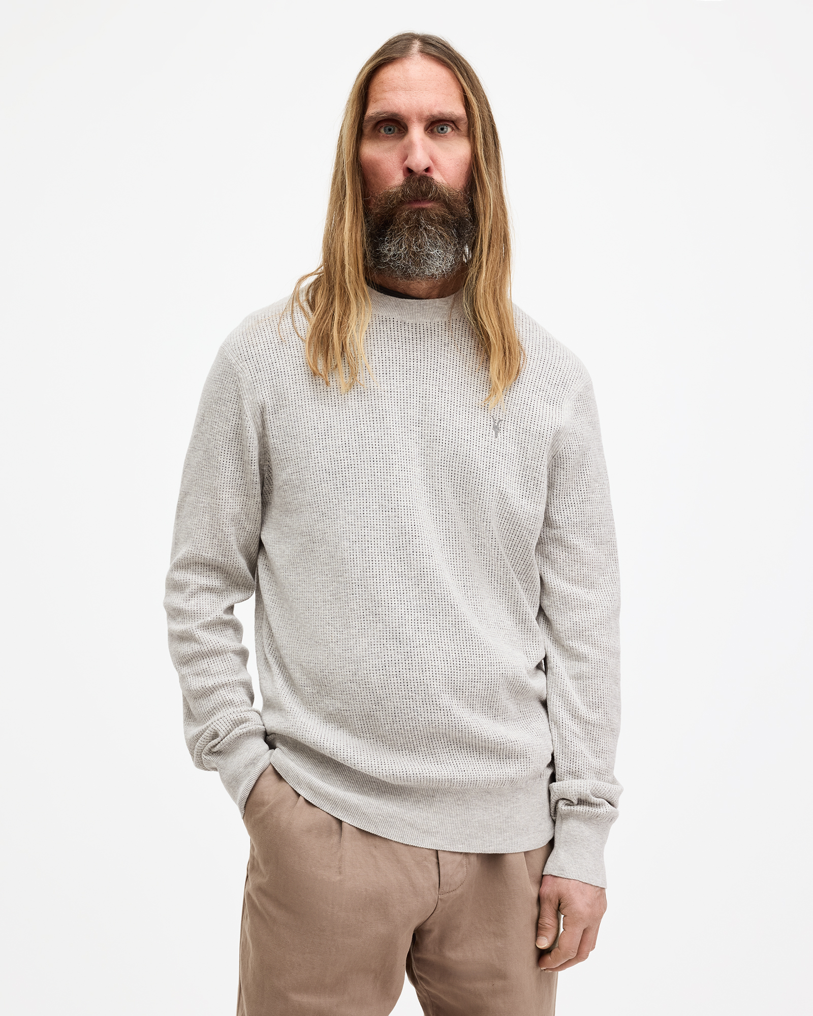 Shop Allsaints Aubrey Ramskull Crew Neck Sweater In Grey Marl