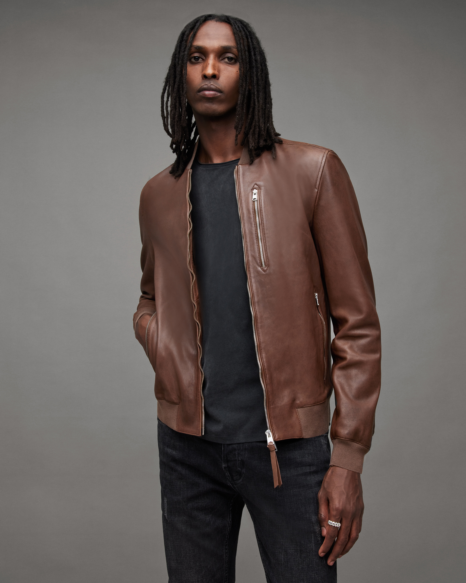 AllSaints Kemble Zip Up Leather Bomber Jacket