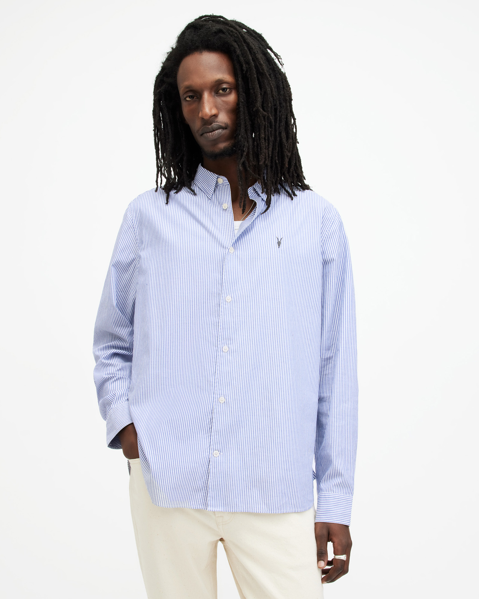 Shop Allsaints Hillview Striped Relaxed Fit Shirt, In Daisy Wht/sur Blue