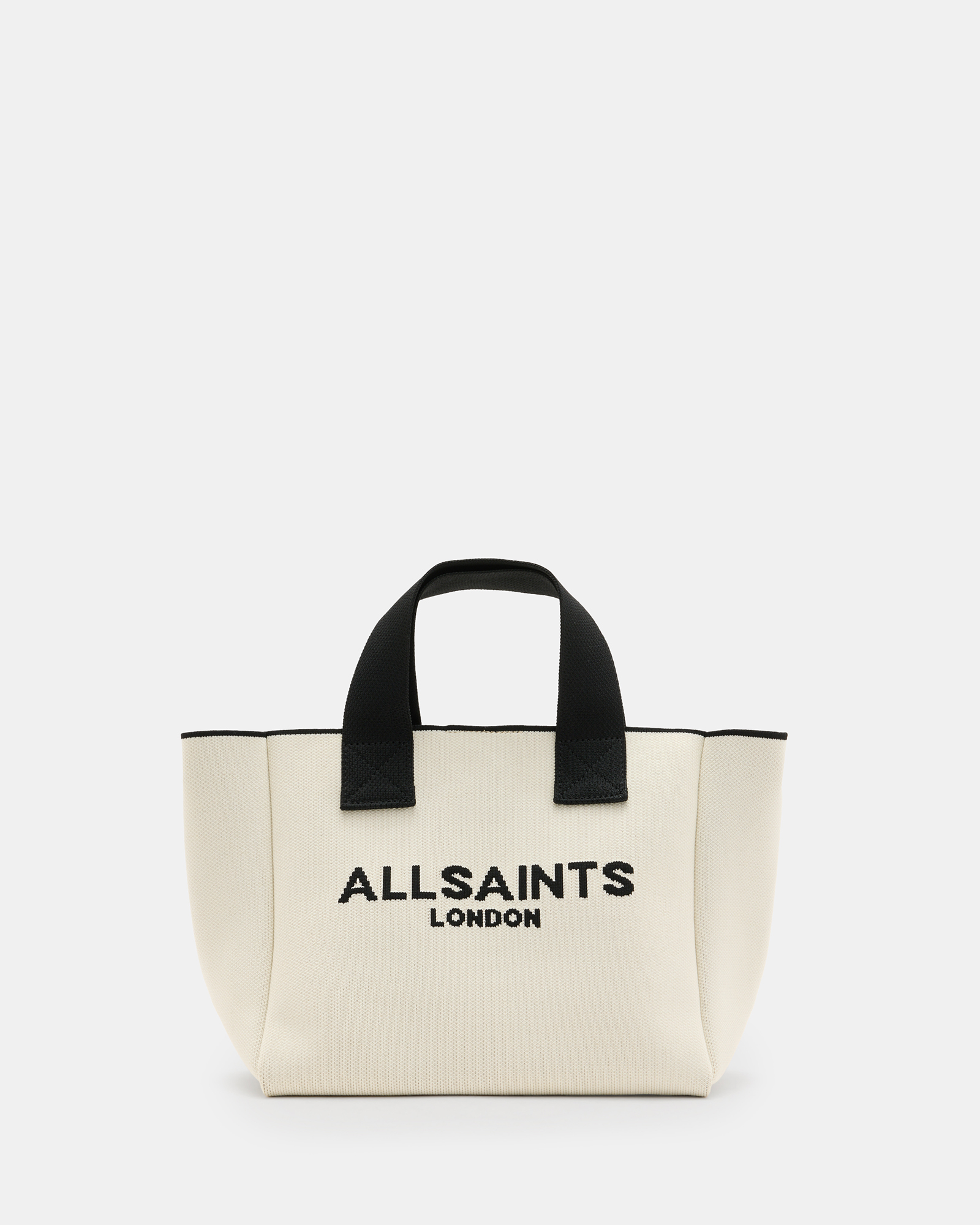 Shop Allsaints Izzy Logo Print Knitted Mini Tote Bag, In Desert White