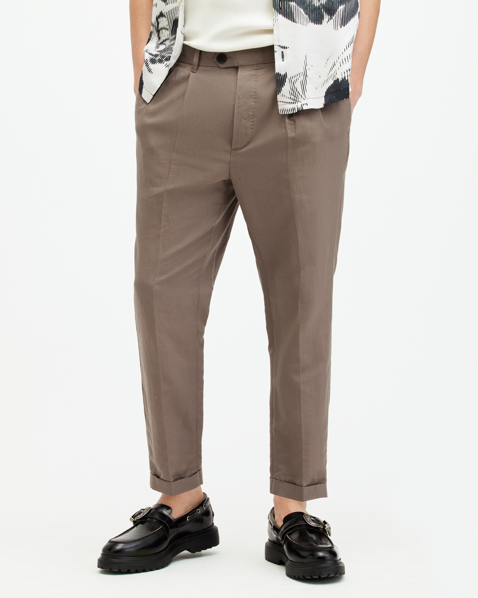 Shop Allsaints Cross Tallis Linen Blend Slim Pants In Earthy Brown