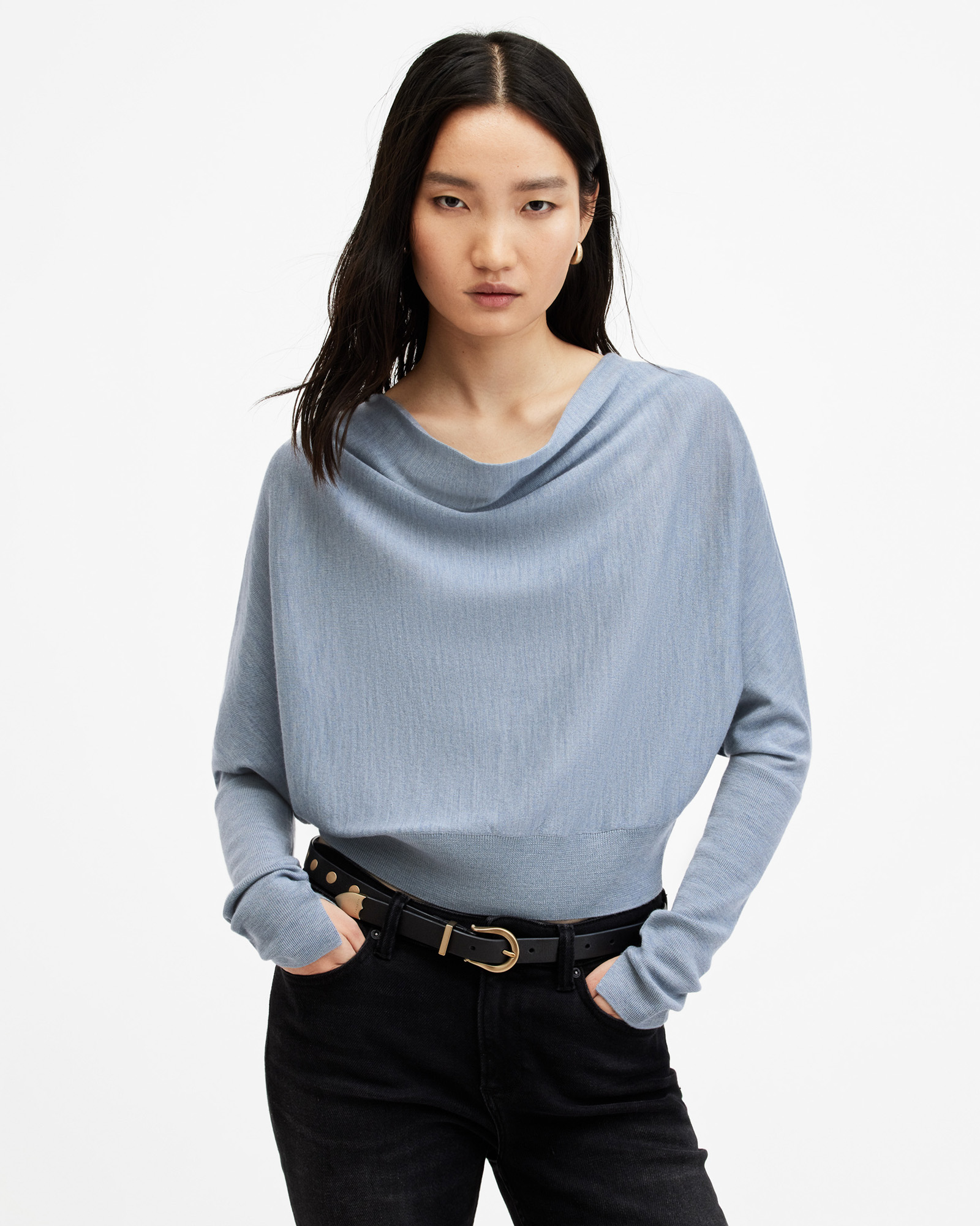 Shop Allsaints Ridley Cropped Merino Wool Sweater In Dusty Blue