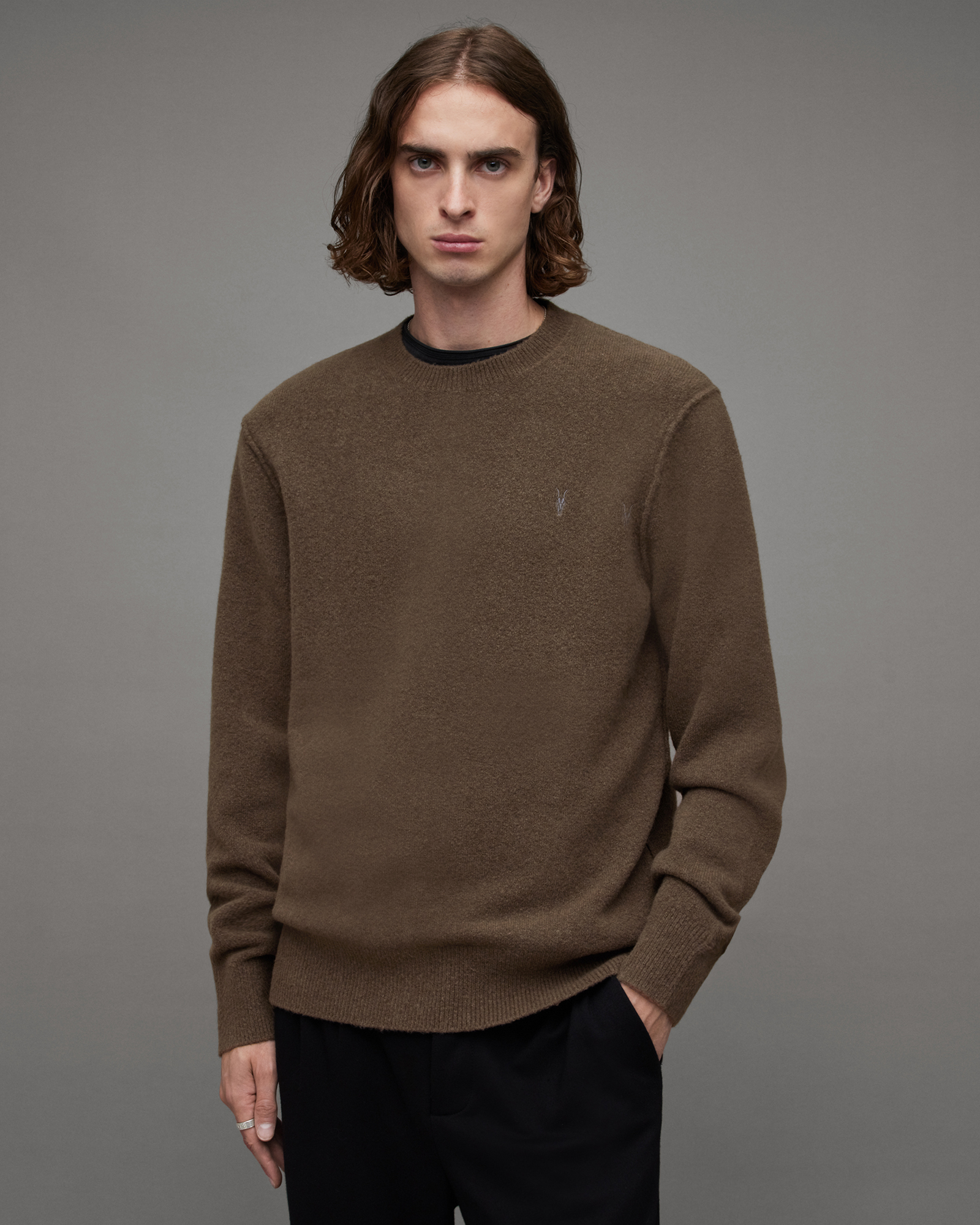 Allsaints Statten Ramskull Crew Neck Sweater In Ash Khaki Green