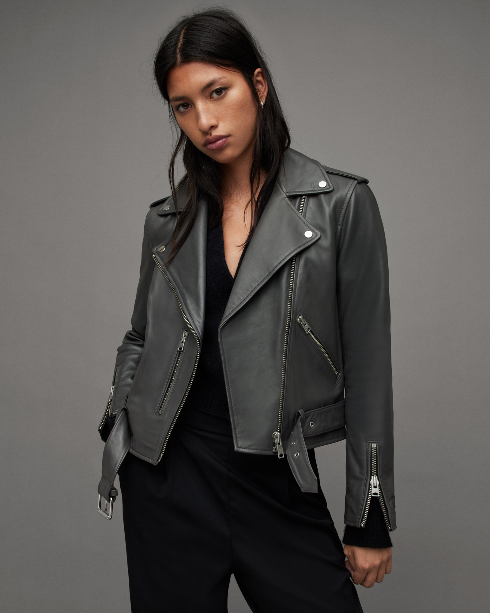 Allsaints Balfern Belted Hem Leather Biker Jacket In City Smoke Grey