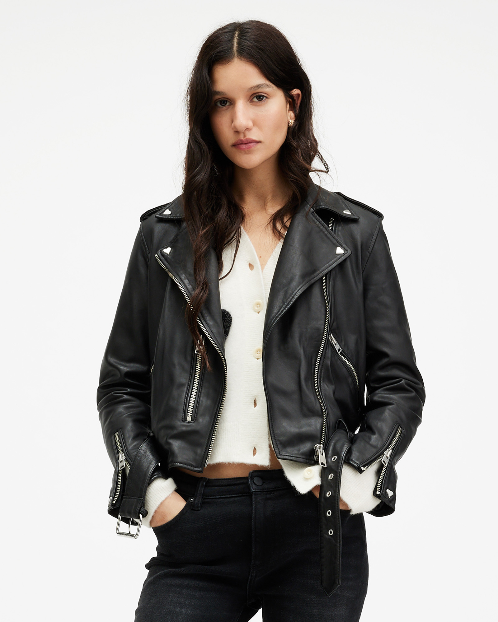 Allsaints Balfern Studded Leather Biker Jacket In Black