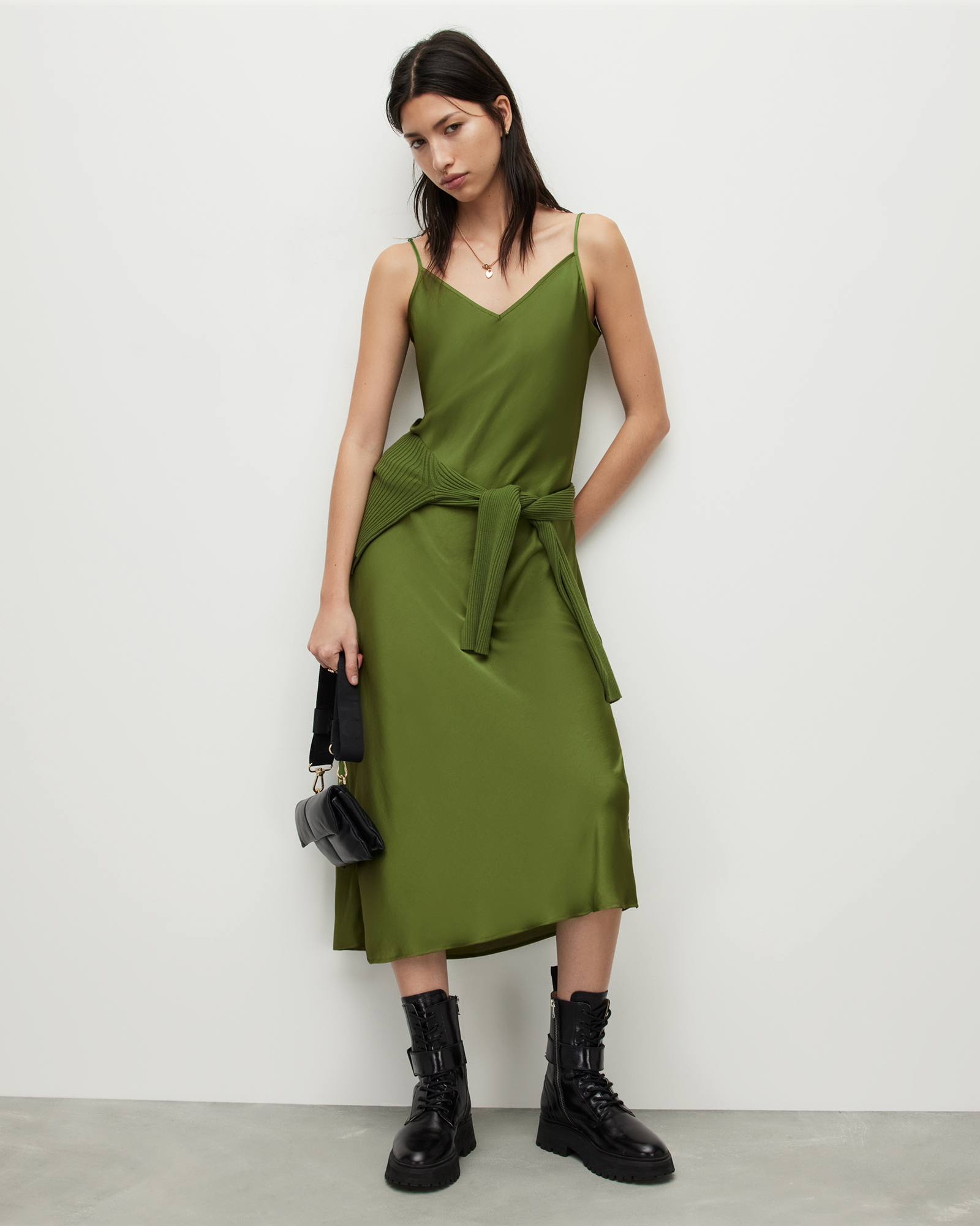 Allsaints Hana 2-in-1 Midi Slip Dress In Cactus Green