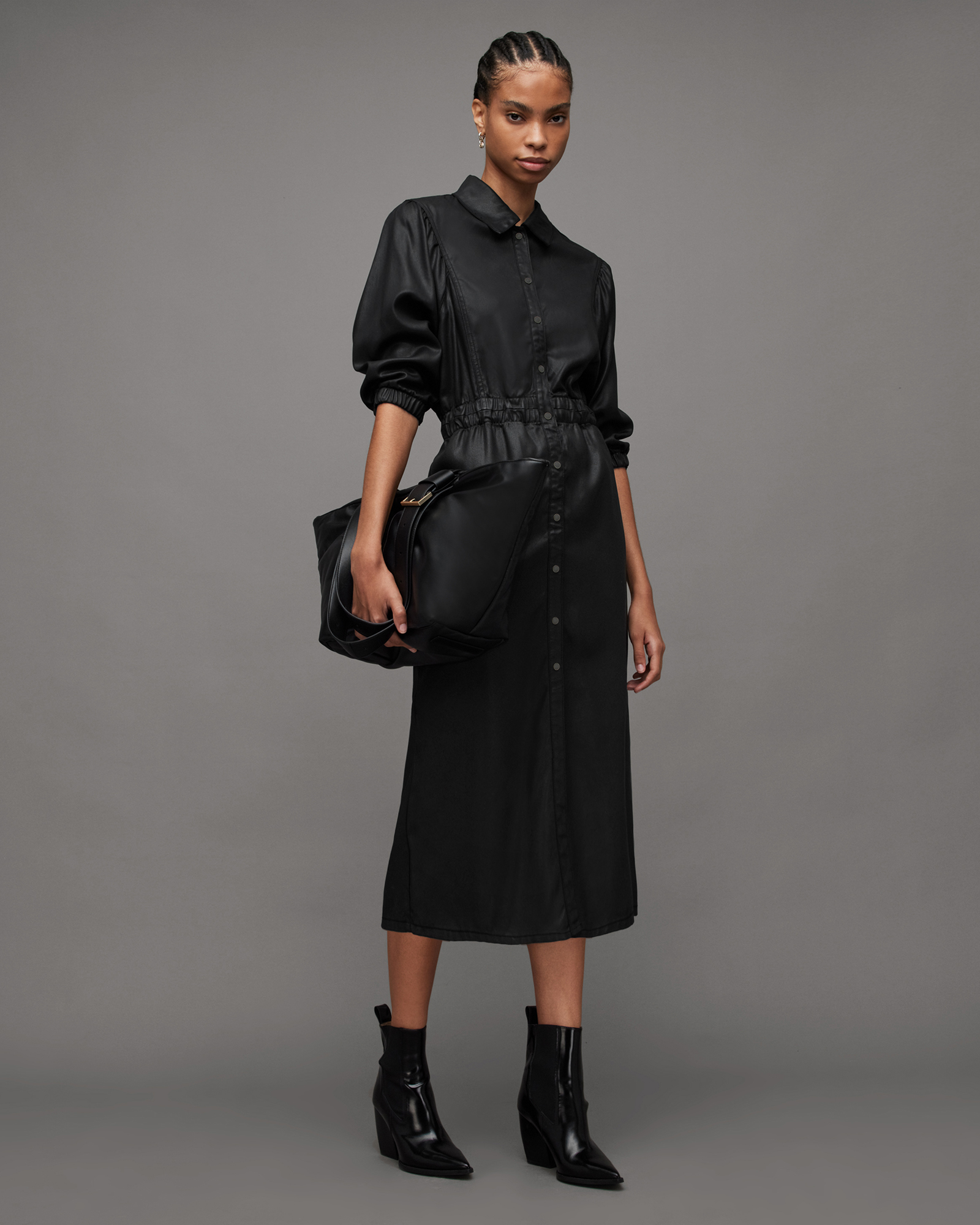 Osa Coated Denim Midi Shirt Dress Black | ALLSAINTS US