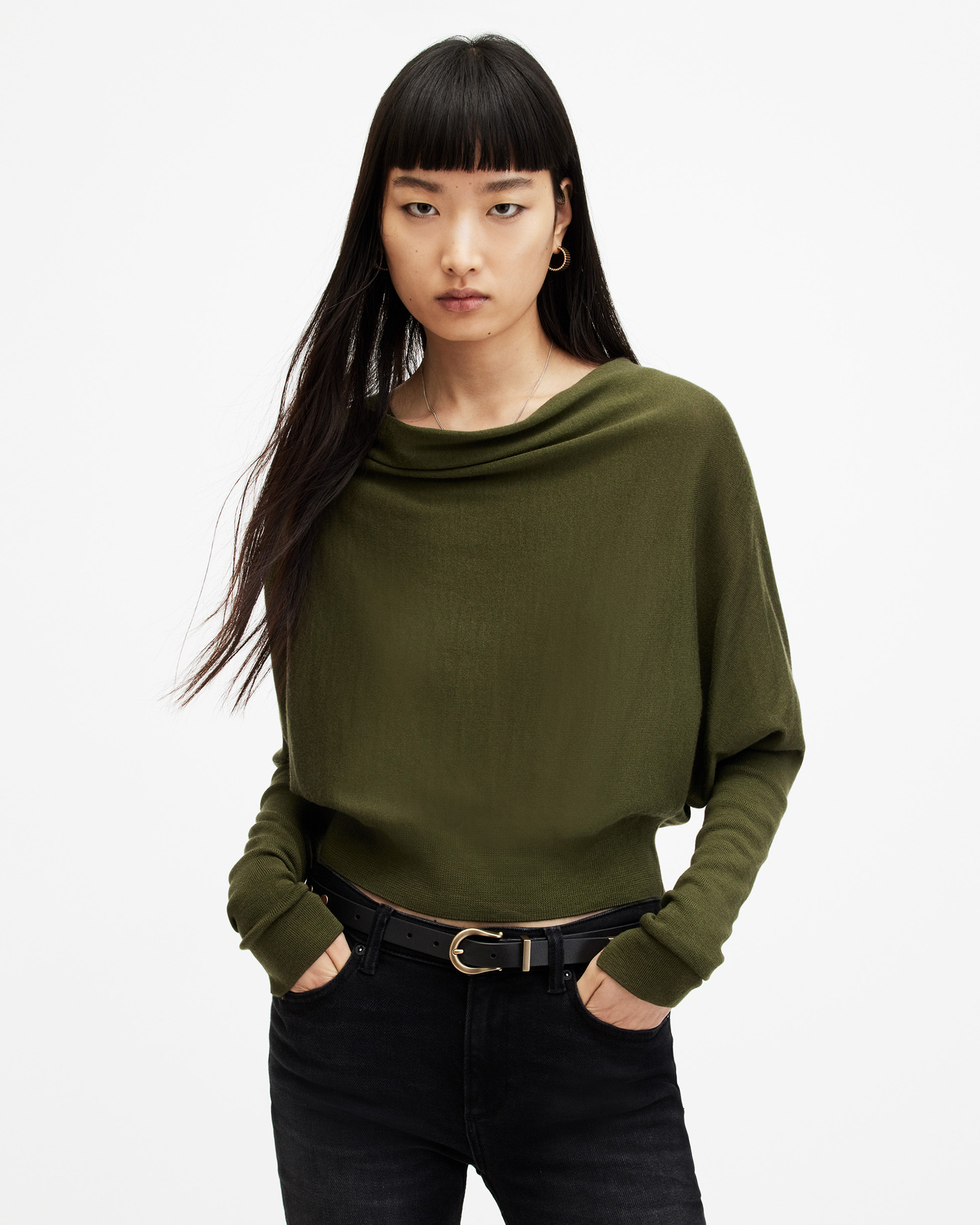 Allsaints Ridley Cropped Wool Sweater In Green