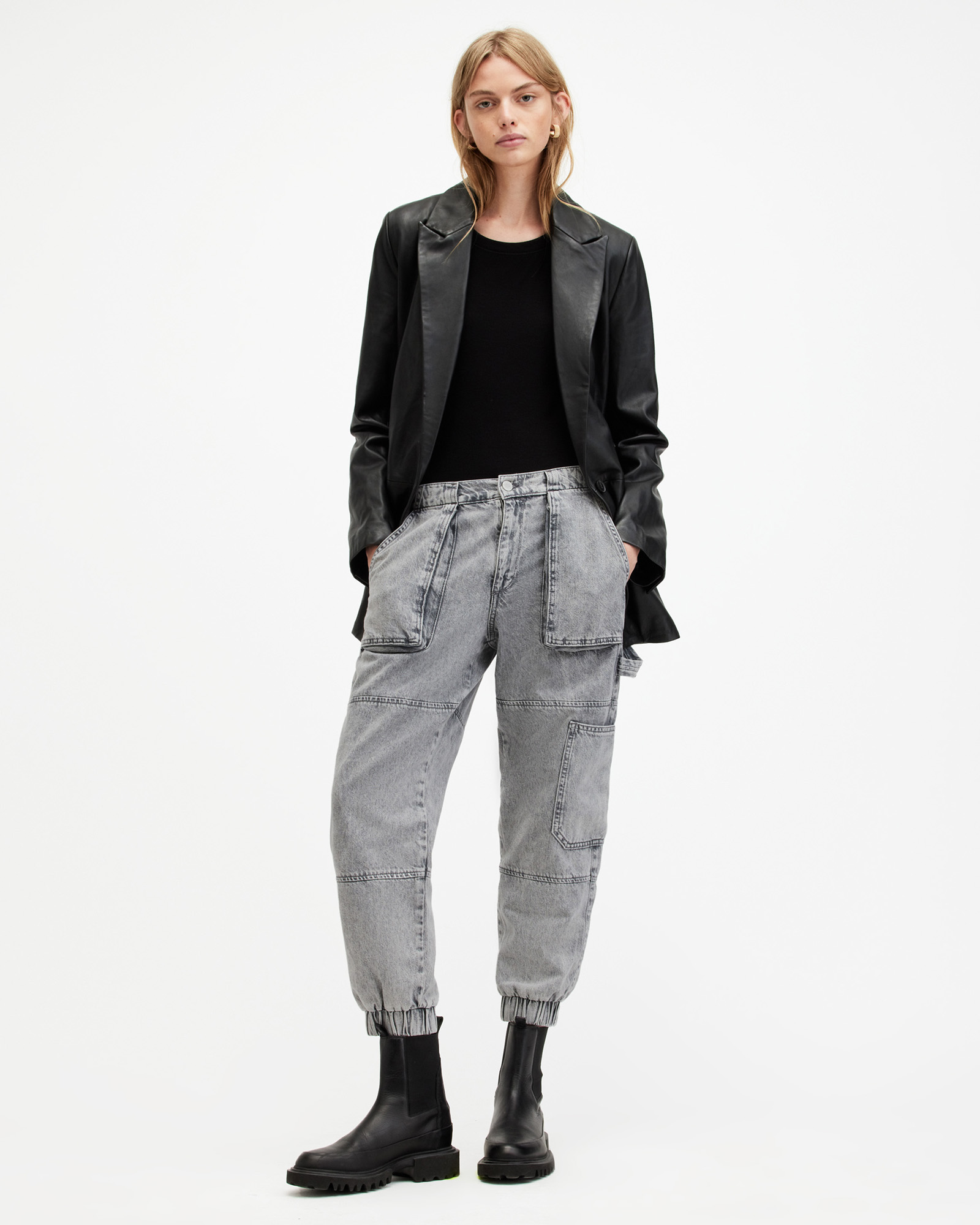 Shop Allsaints Mila Denim Slim Fit Panelled Pants In Washed Grey