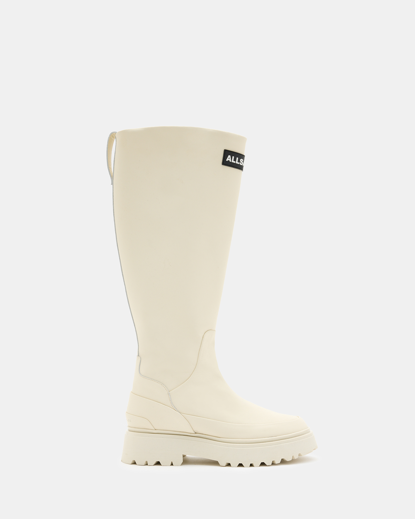 Shop Allsaints Octavia Knee High Logo Boots In Off White