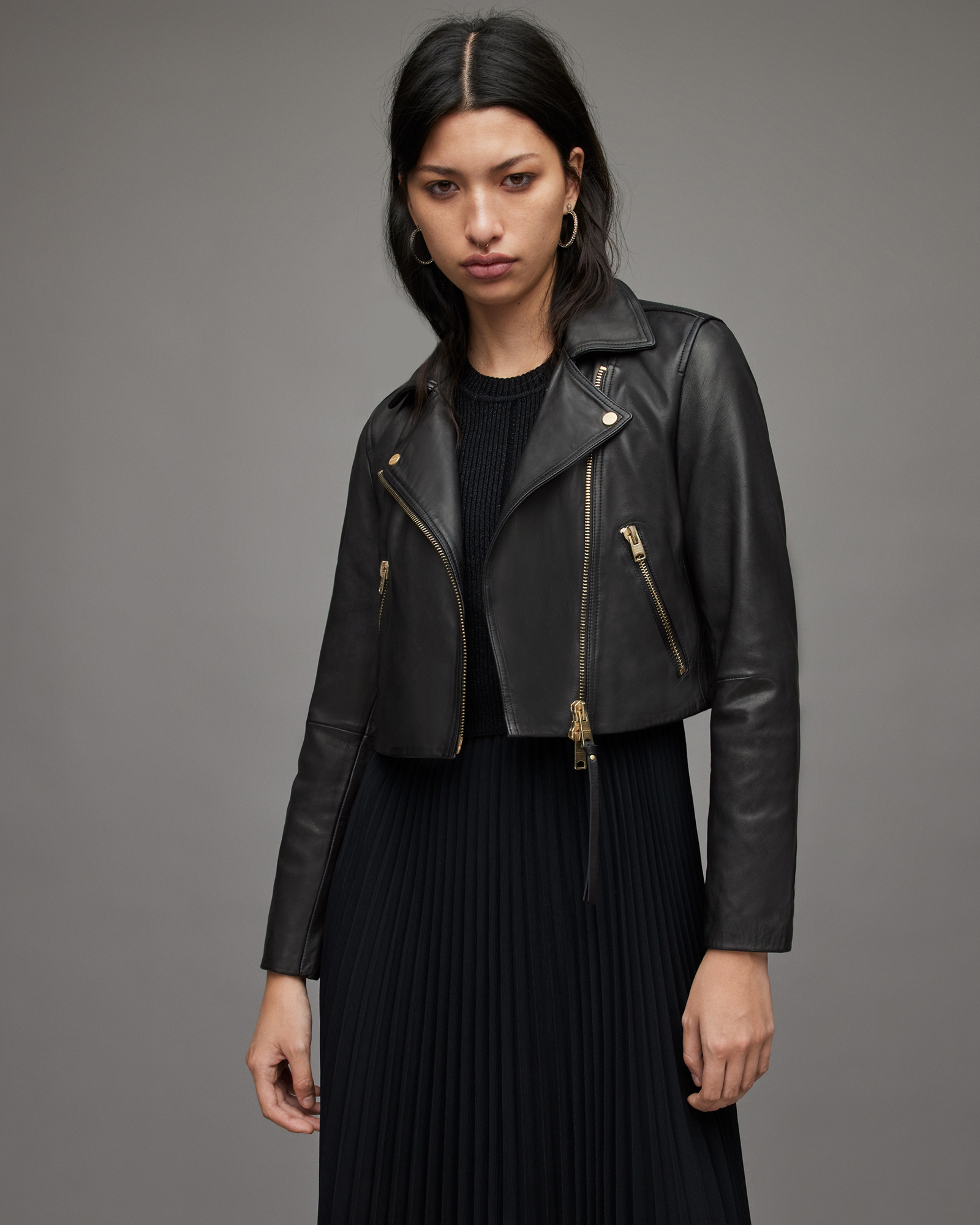 Dalby Cropped Leather Biker Jacket Black | ALLSAINTS US