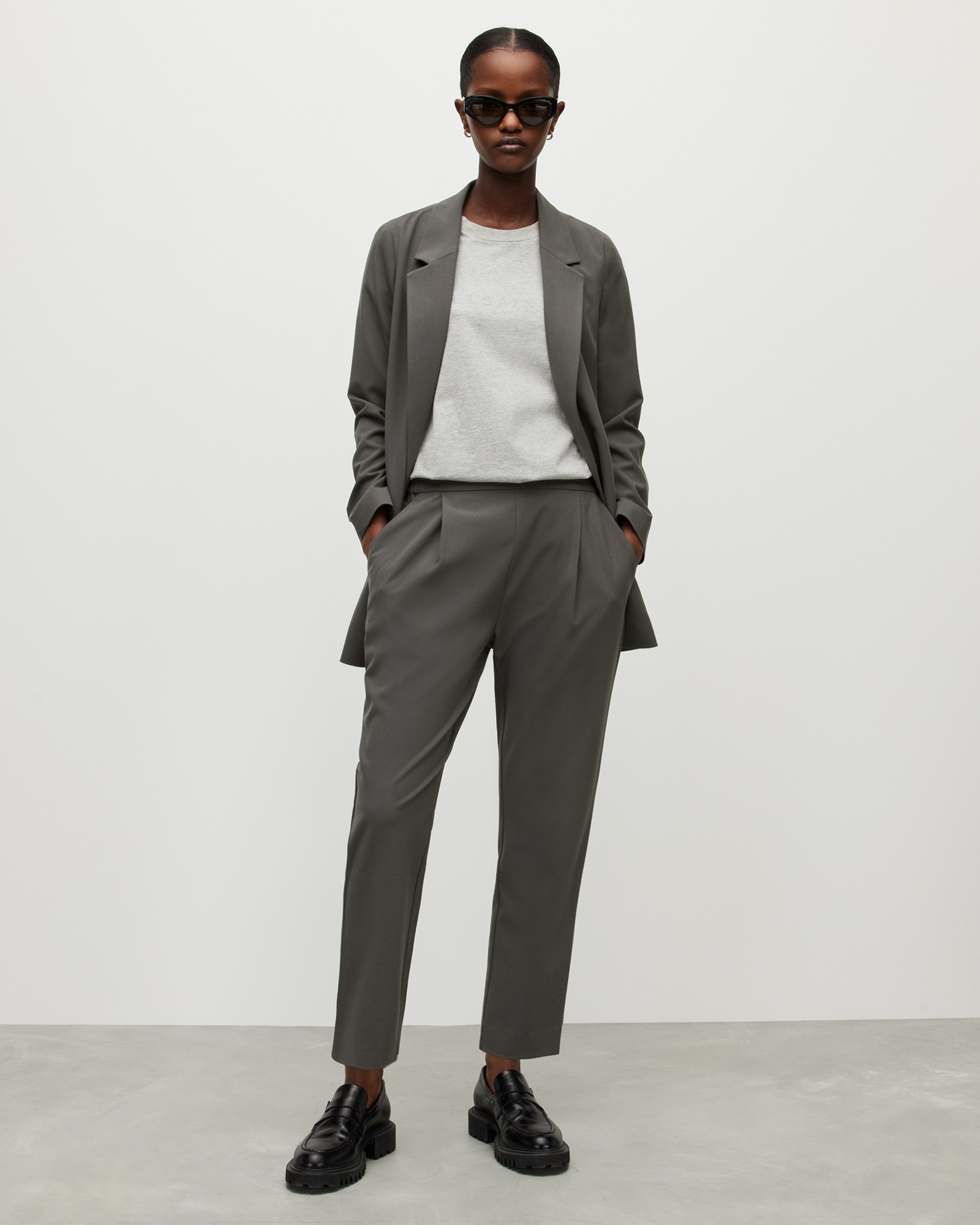 Allsaints Aleida Mid-rise Tapered Leg Tri Pants In Gray