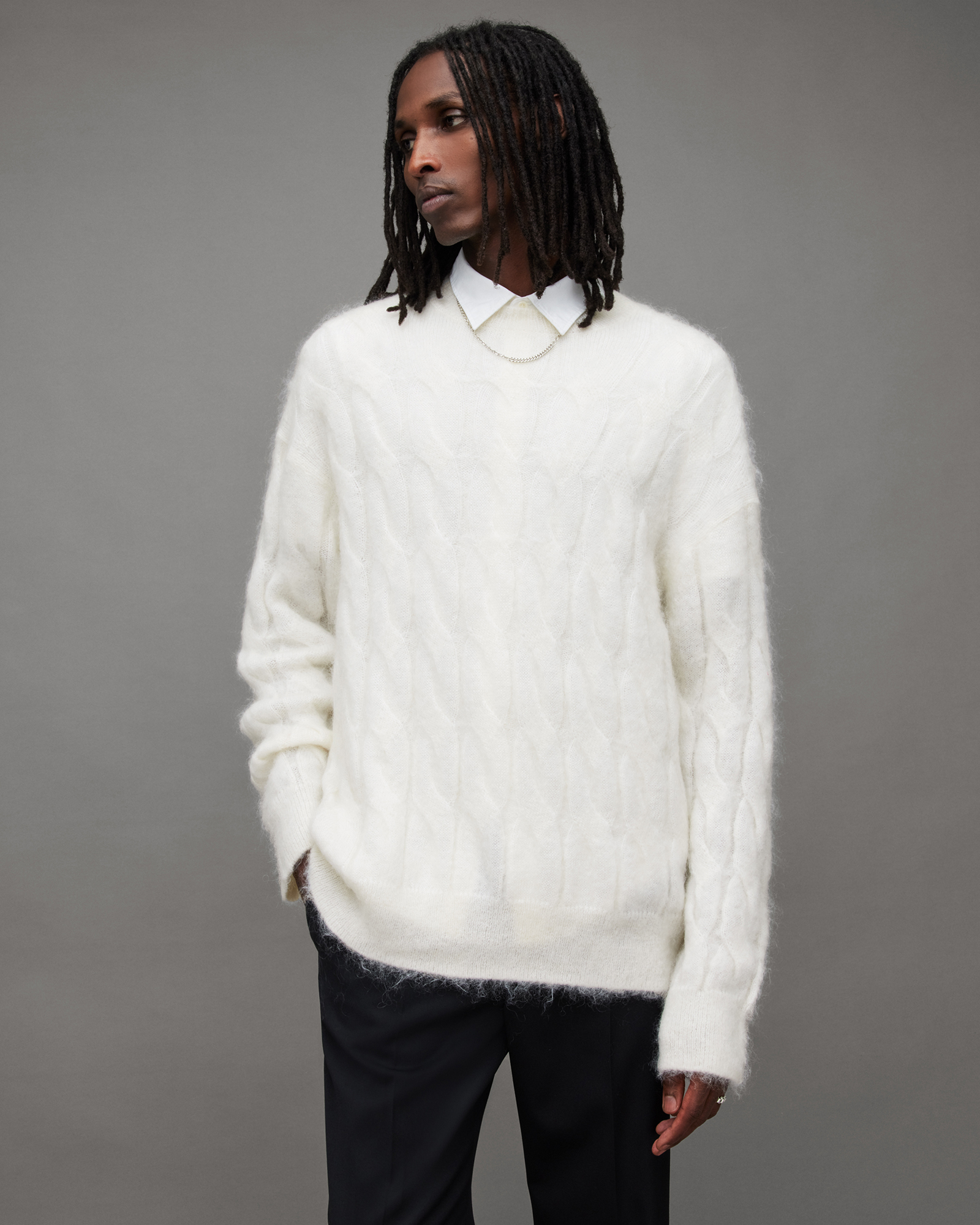 Kosmic Cable Knit Relaxed Fit Sweater Ecru | ALLSAINTS US