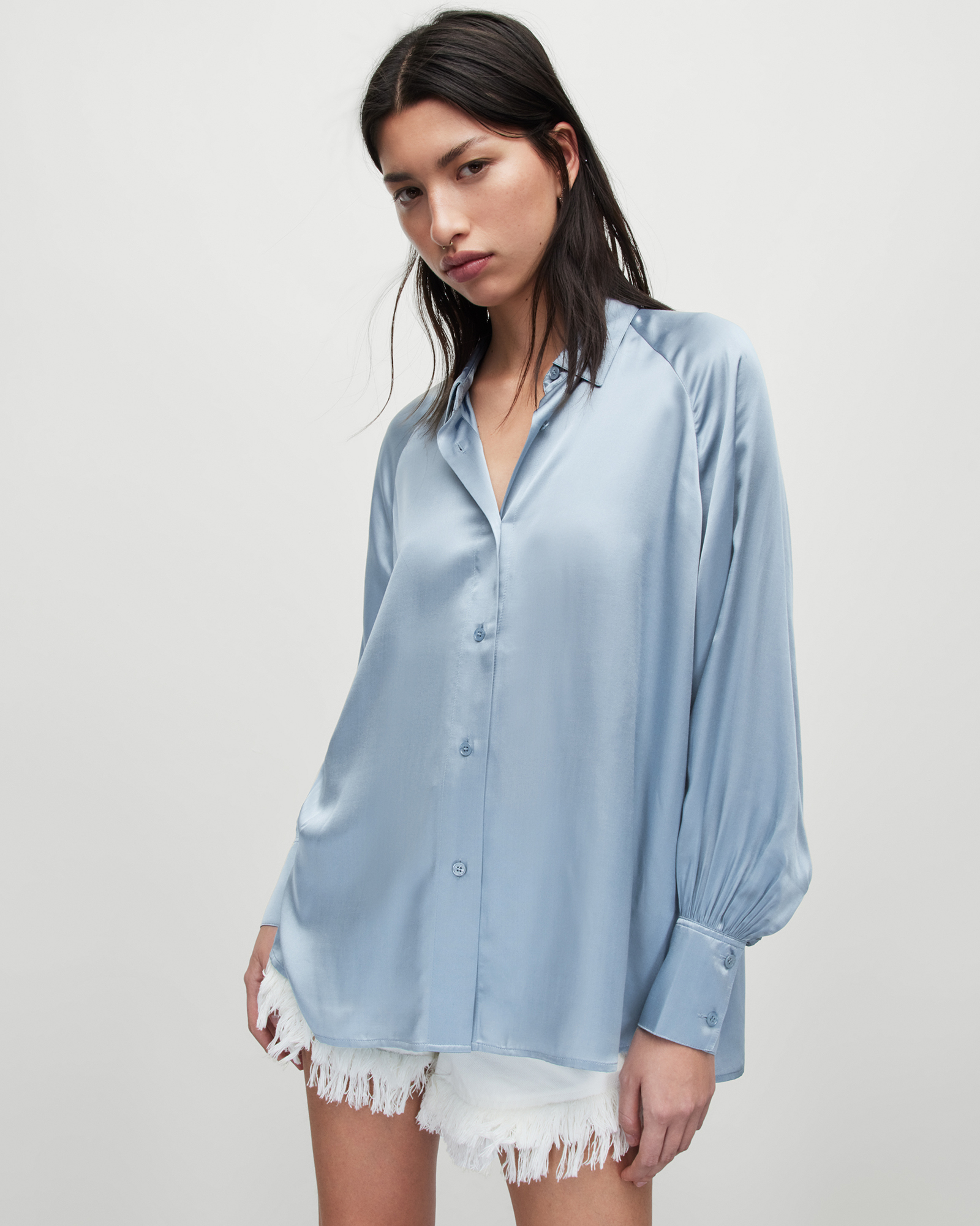 Allsaints Oana Silk Blend Shirt In Blue Slate