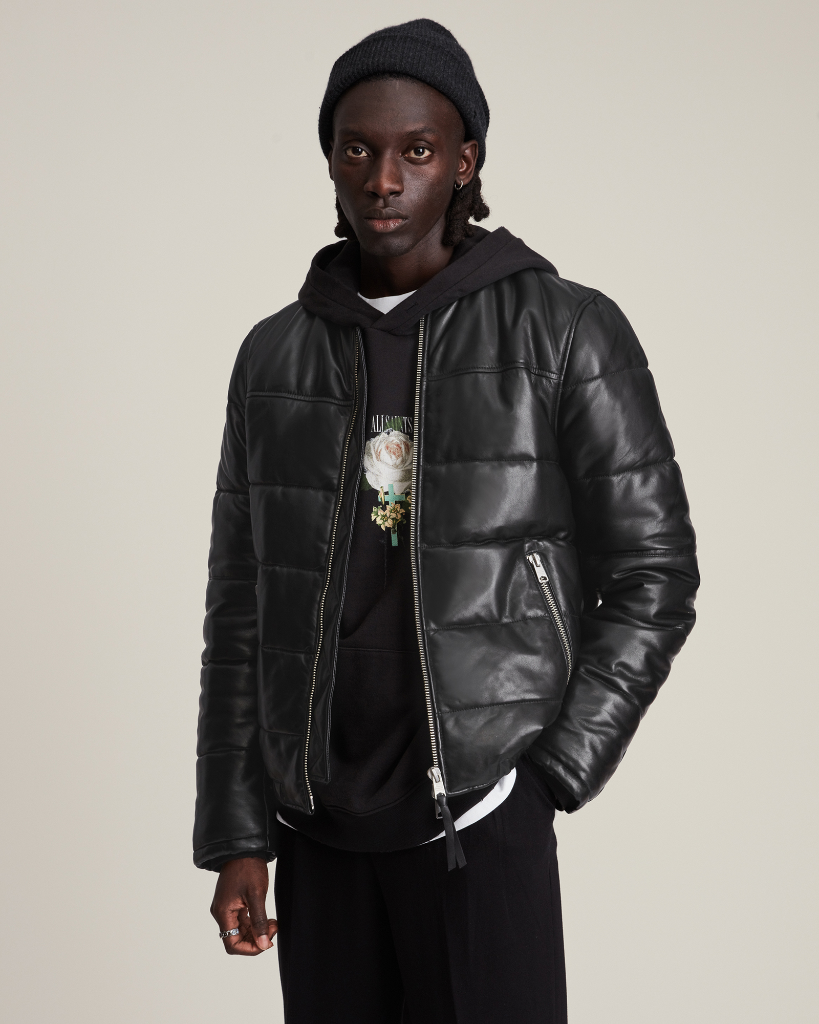 Russel Leather Puffer Jacket Black | ALLSAINTS US