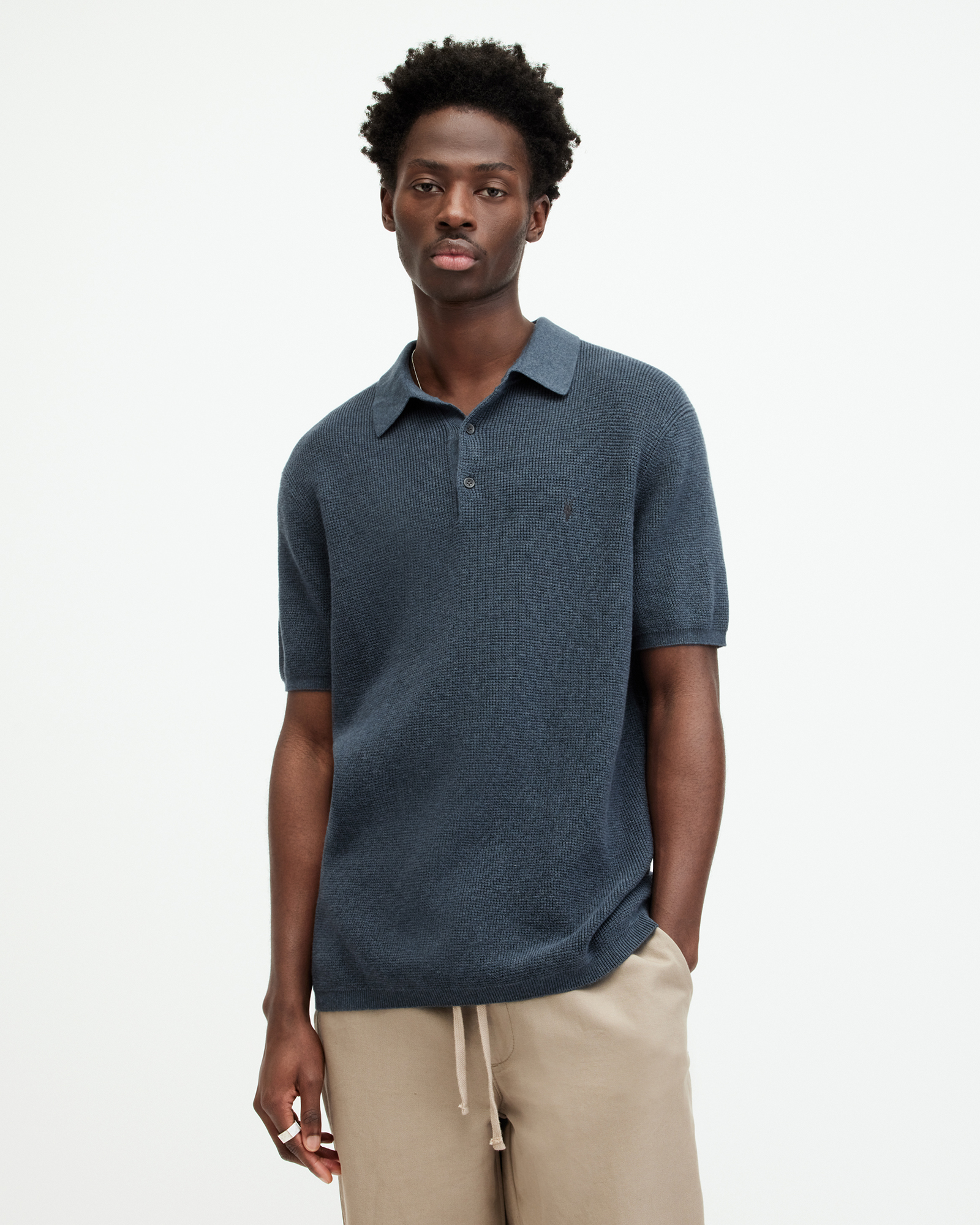 Shop Allsaints Aspen Waffle Texture Polo Shirt In Workers Blue