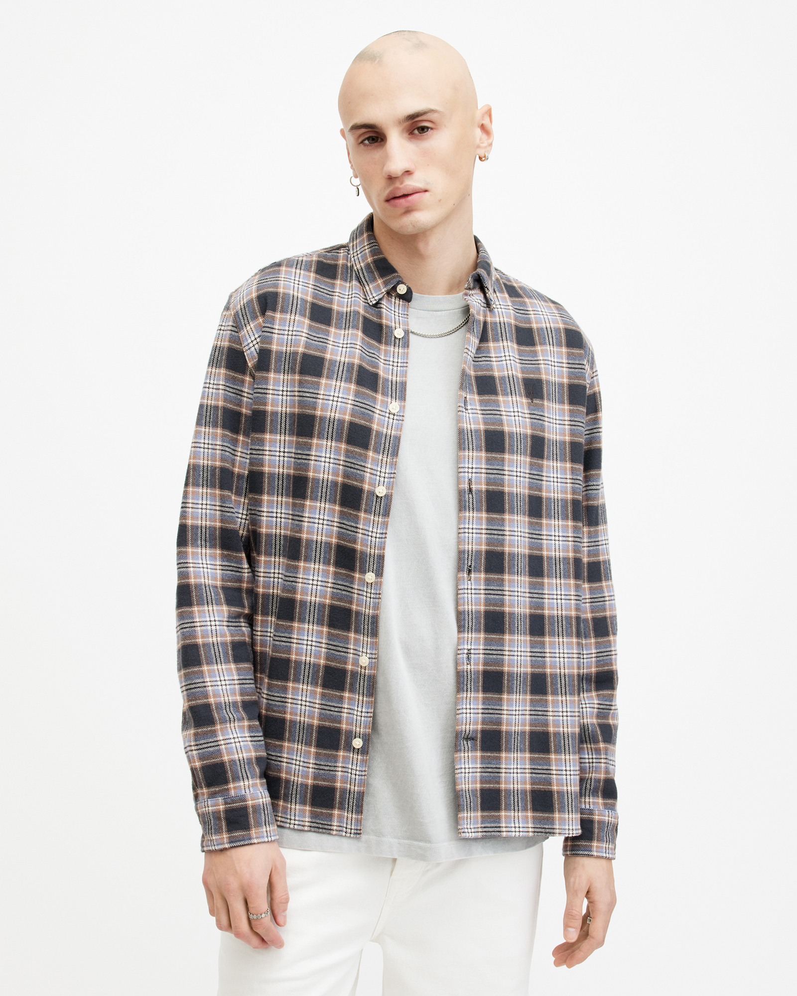 Shop Allsaints Ventana Checked Relaxed Fit Shirt, In Marine Blue