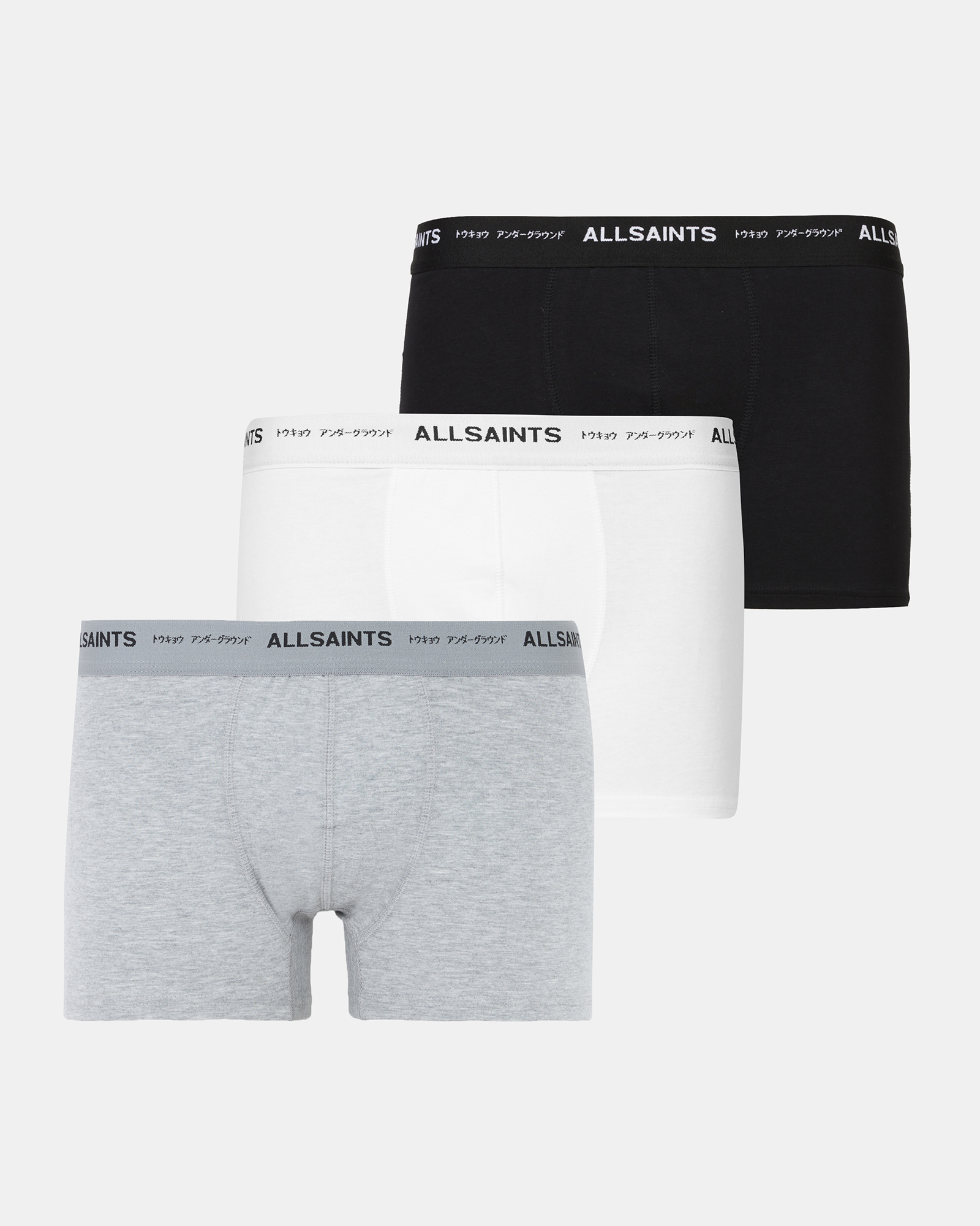 Allsaints Underground Logo Boxer Shorts 3 Pack In Black/gry Mrl/wht