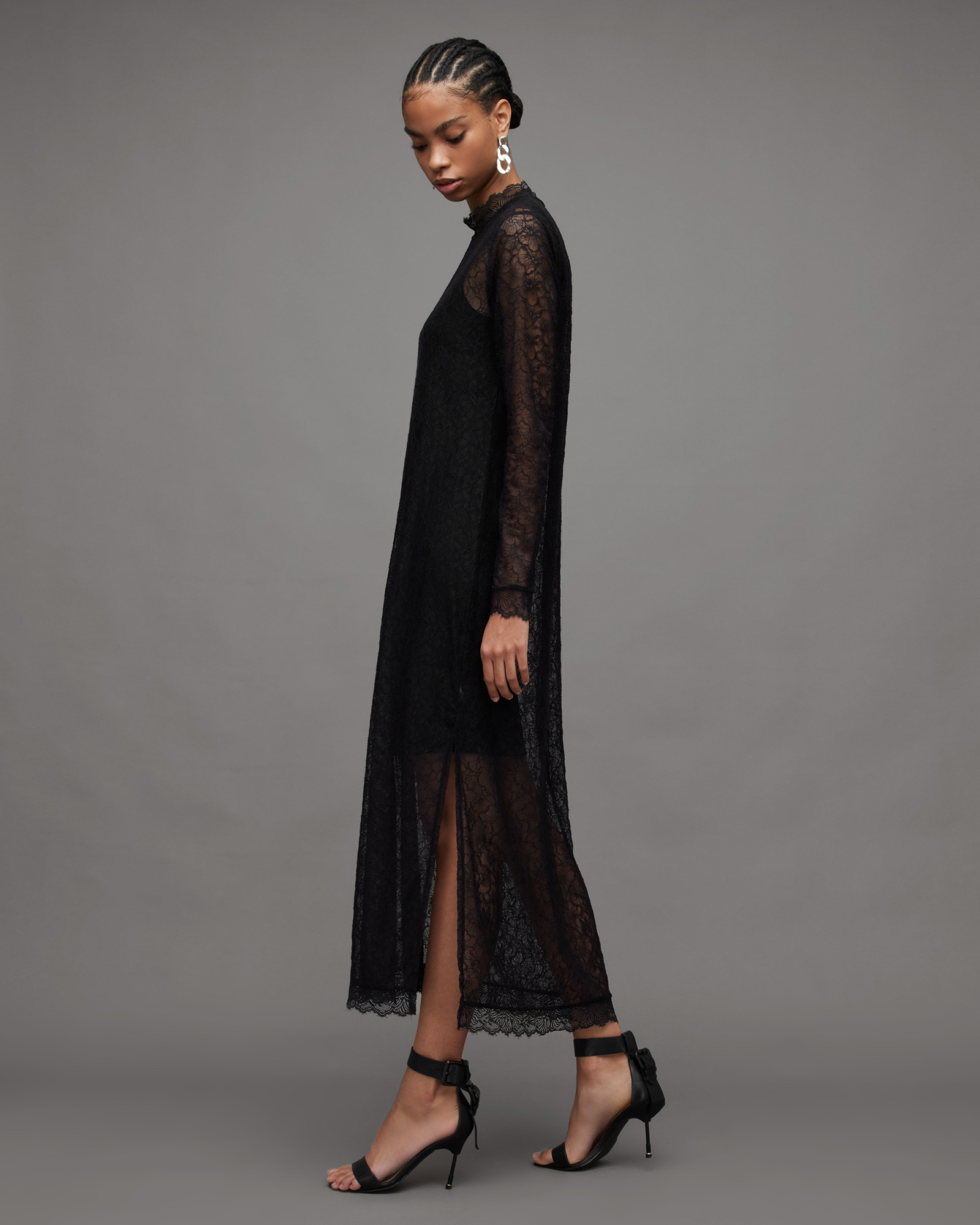 Katlyn Funnel Neck Lace Maxi Dress Black | ALLSAINTS US