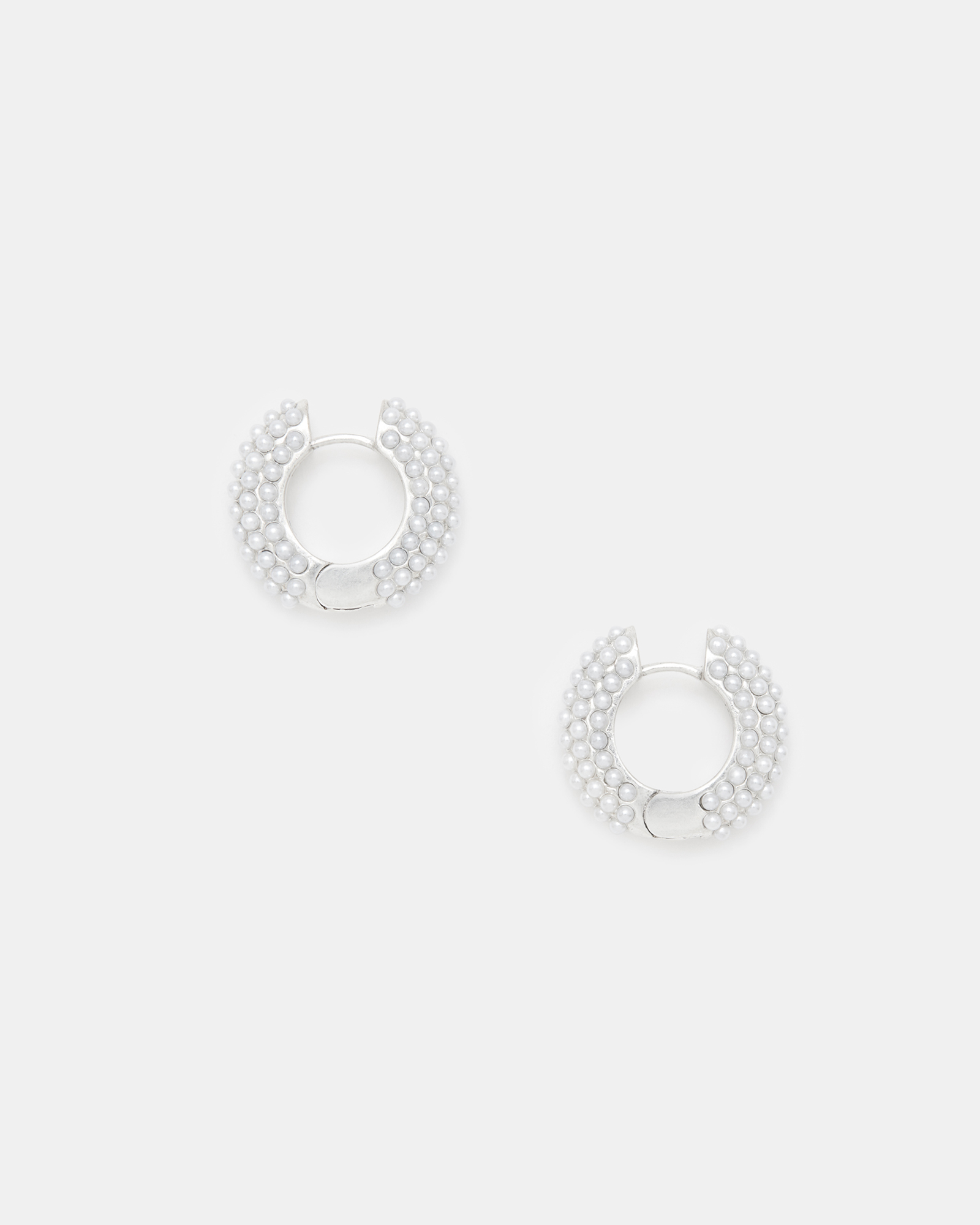 Shop Allsaints Pearl Chunky Beaded Hoop Earrings In Warm Silver/white