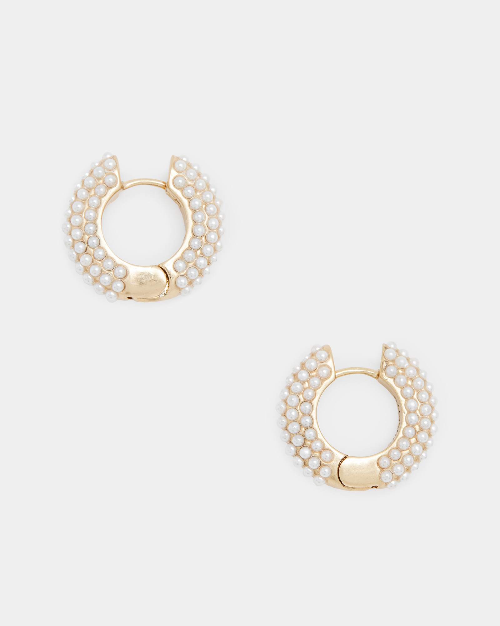 Allsaints Pearl Beaded Chunky Hoop Earrings In Warm Brass/white