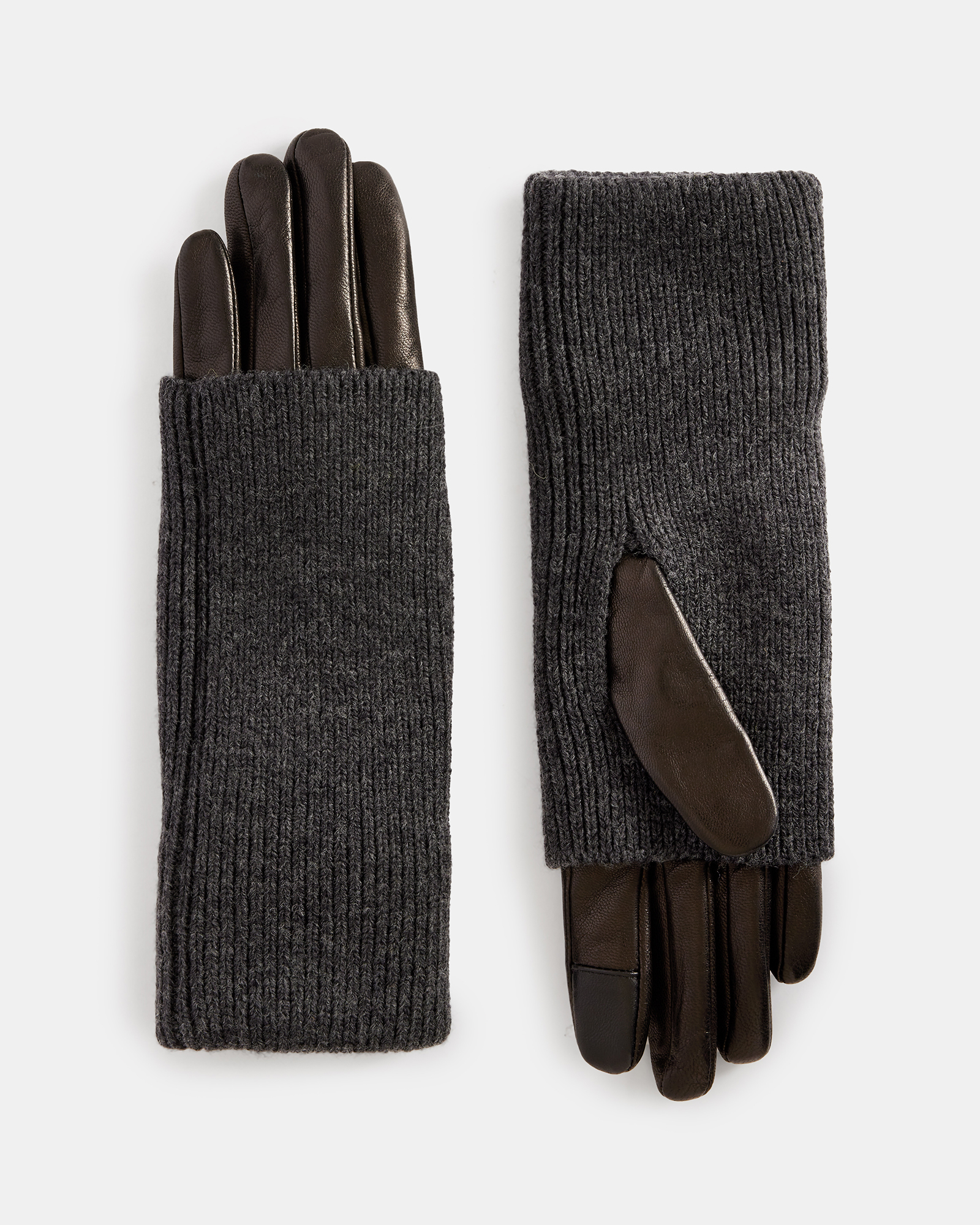 Allsaints Zoya Knitted Cuff Leather Gloves In Charcoal Grey
