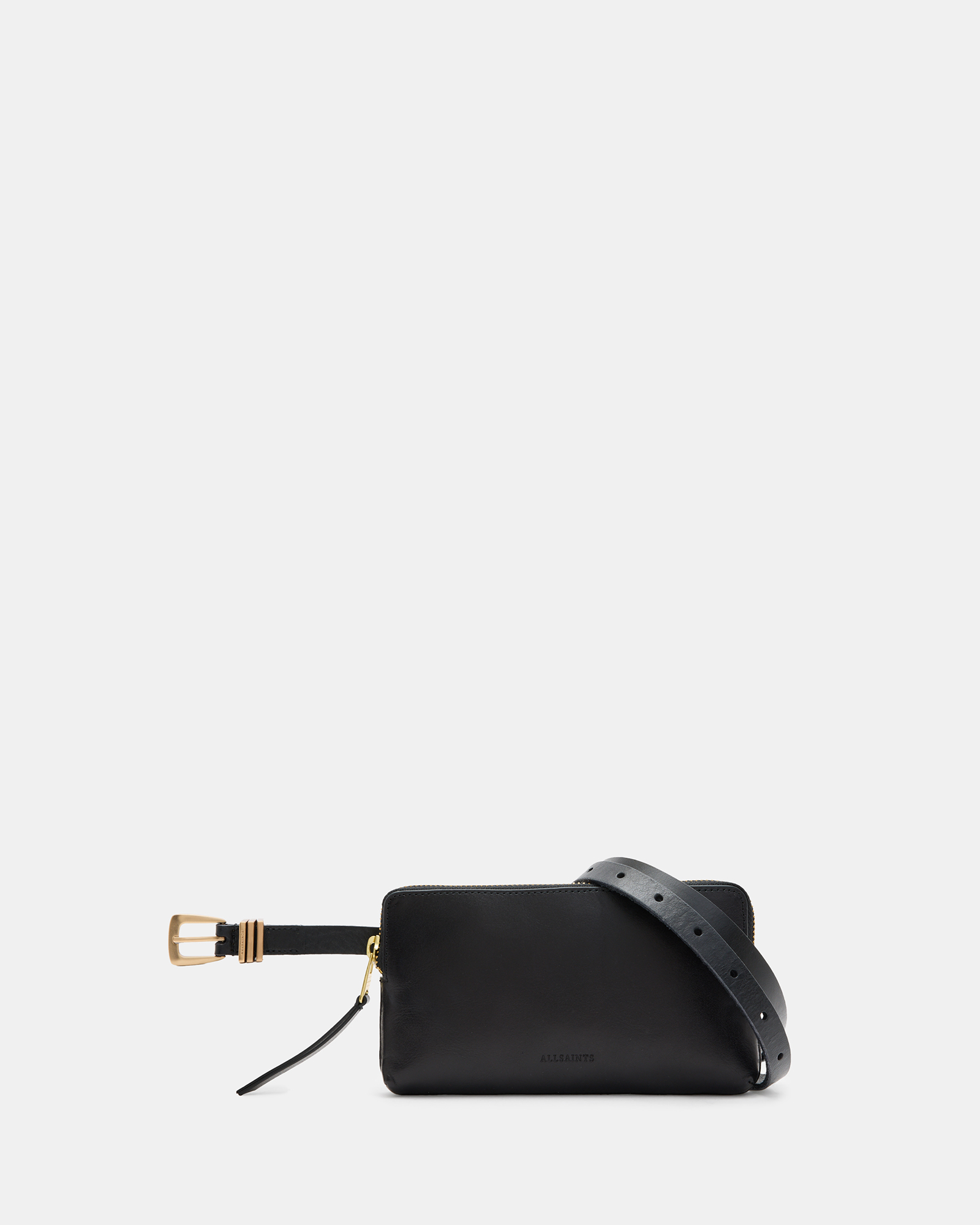 Shop Allsaints Lucy Triple Keeper Leather Bag Belt, In Black/warm Brass