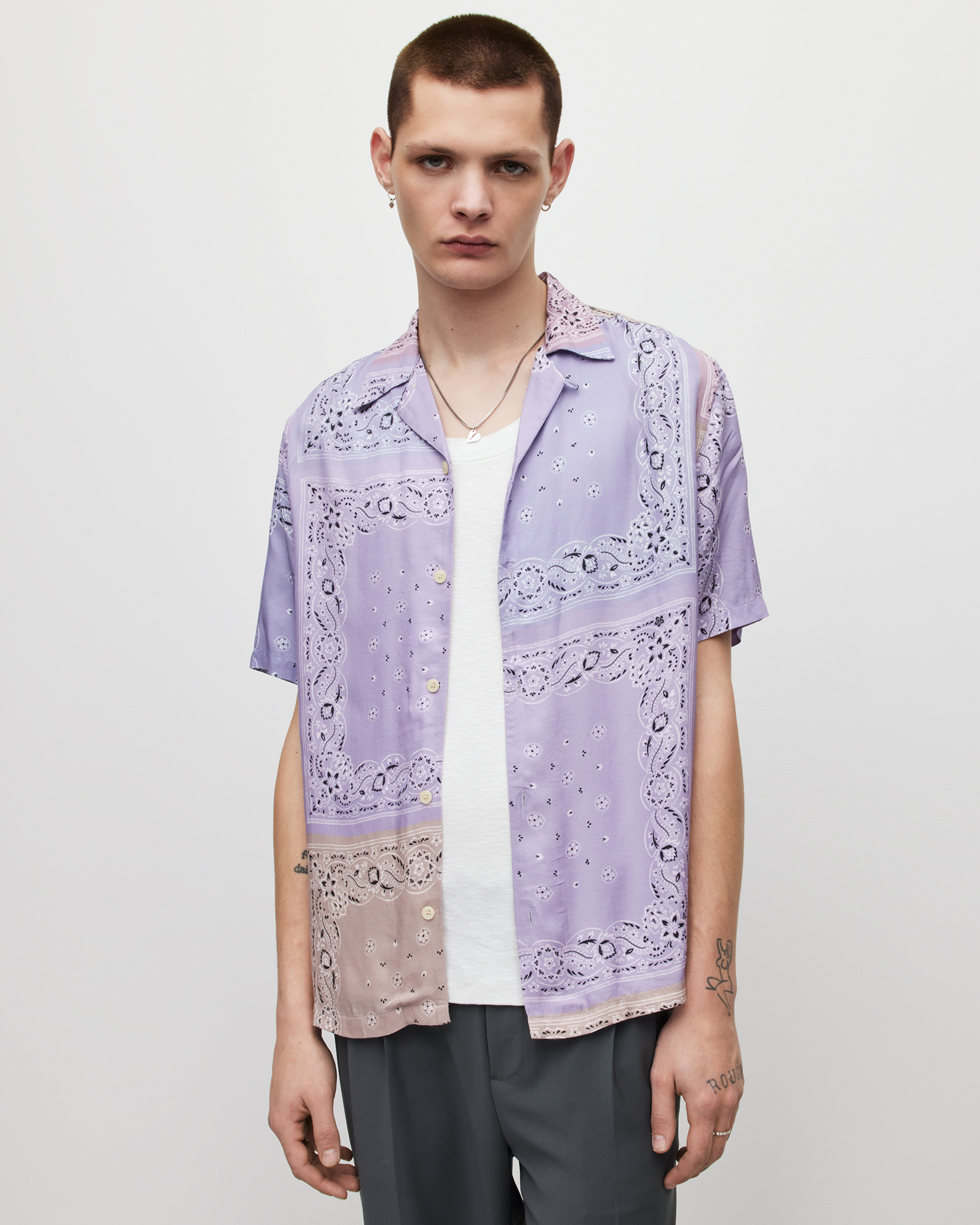 Tikal Short Sleeve Bandana Print Shirt Lilac | ALLSAINTS US