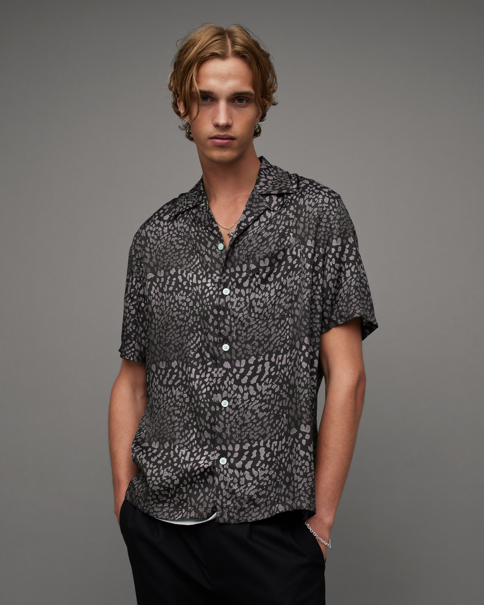 Cosmo Leopard Print Relaxed Fit Shirt Jet Black | ALLSAINTS US