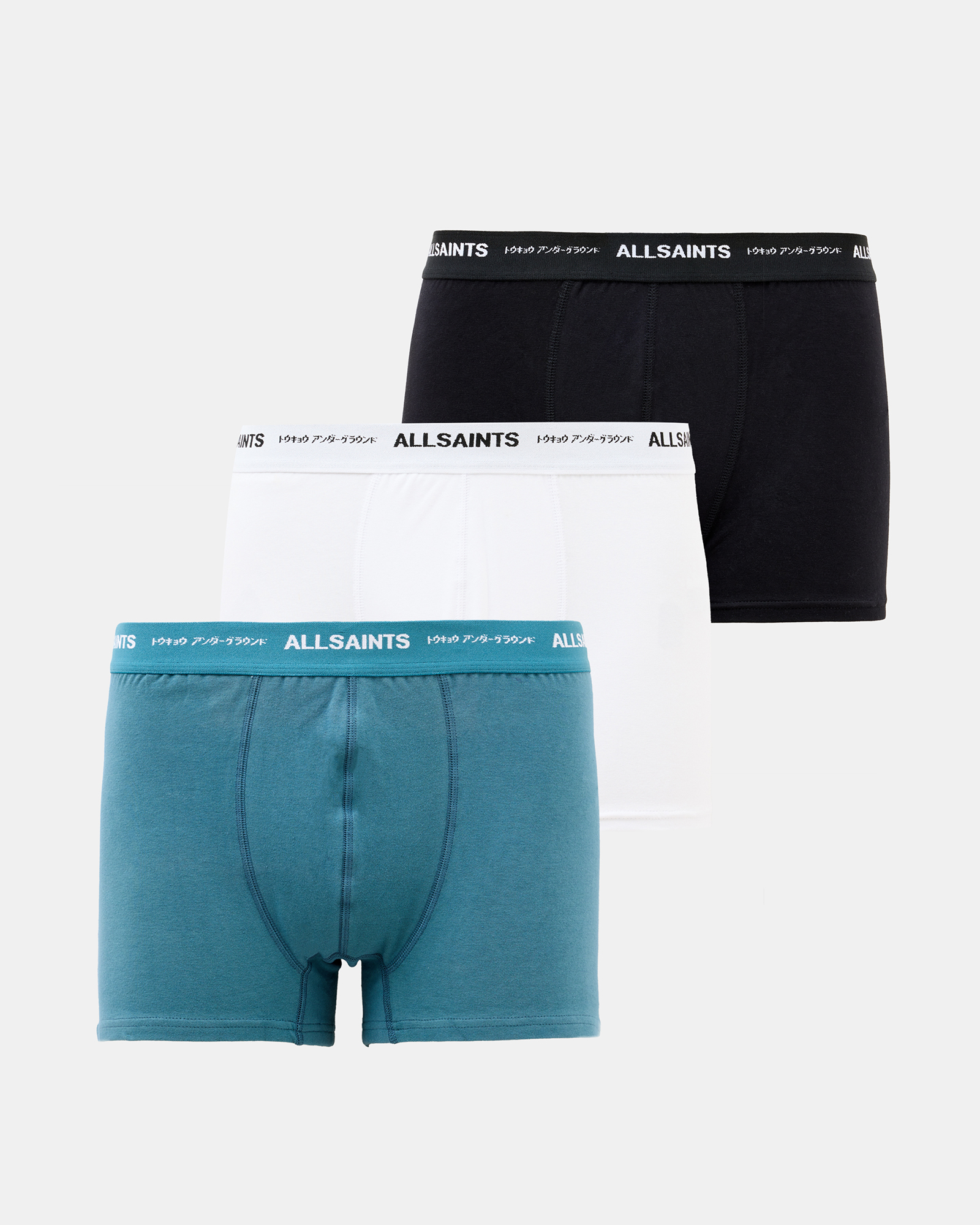 Shop Allsaints Underground Logo Boxers 3 Pack In Opt Wht/blue/blk