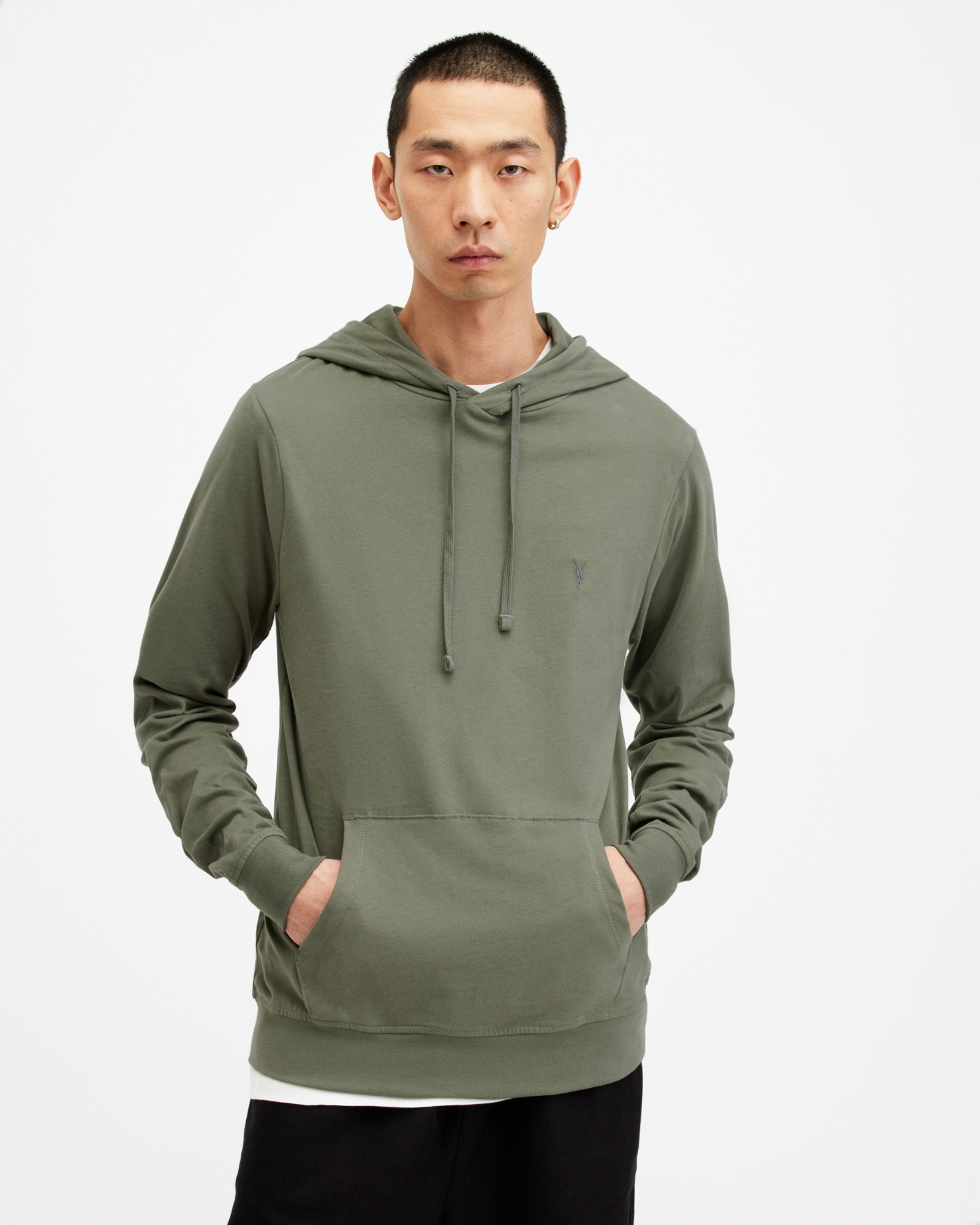 Shop Allsaints Brace Pullover Brushed Cotton Hoodie In Valley Green