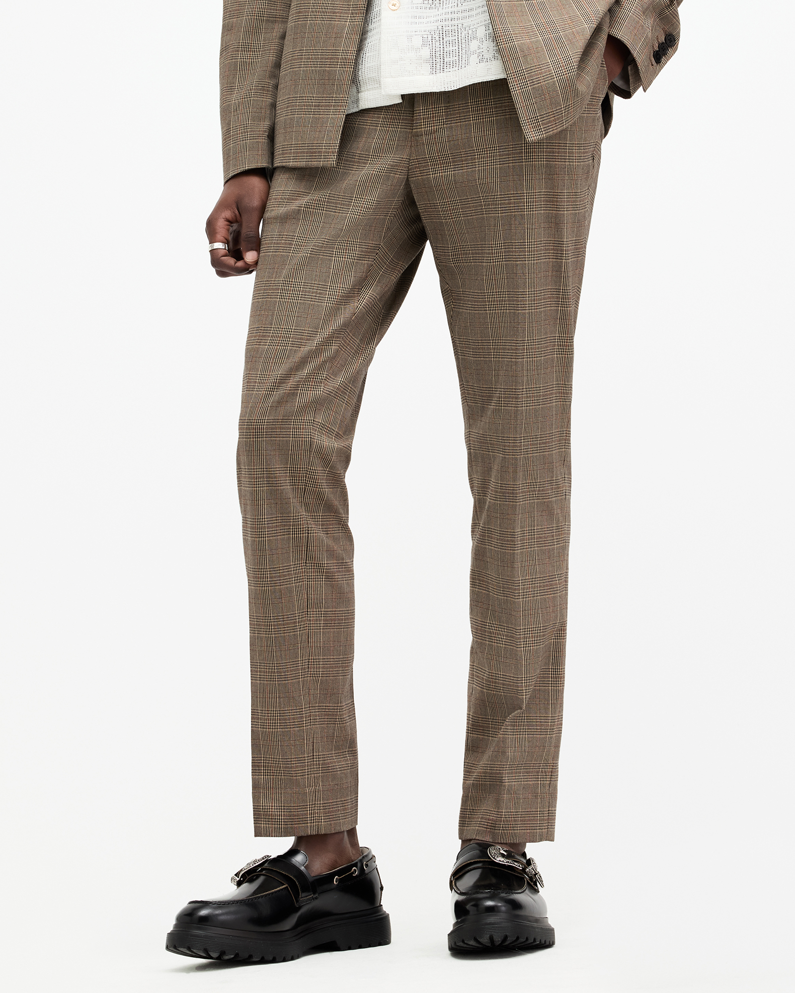 Shop Allsaints Maffrett Checked Skinny Fit Trousers, In Stone Taupe