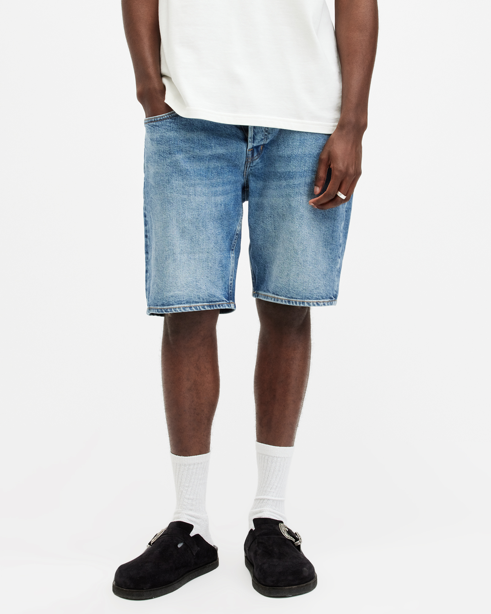 Shop Allsaints Switch Skinny Fit Denim Shorts In Dark Indigo Blue