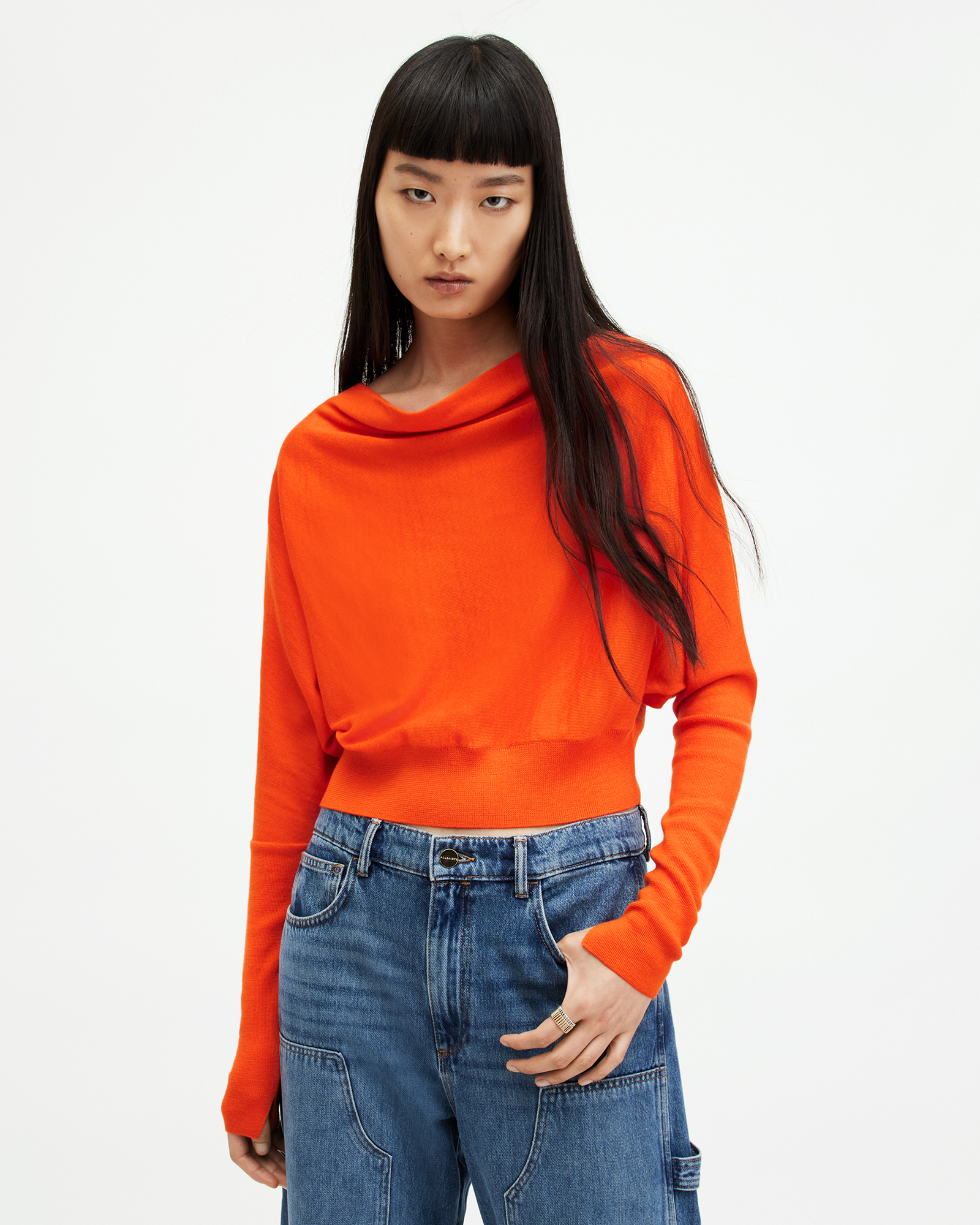 Shop Allsaints Ridley Cropped Merino Wool Sweater In Orange