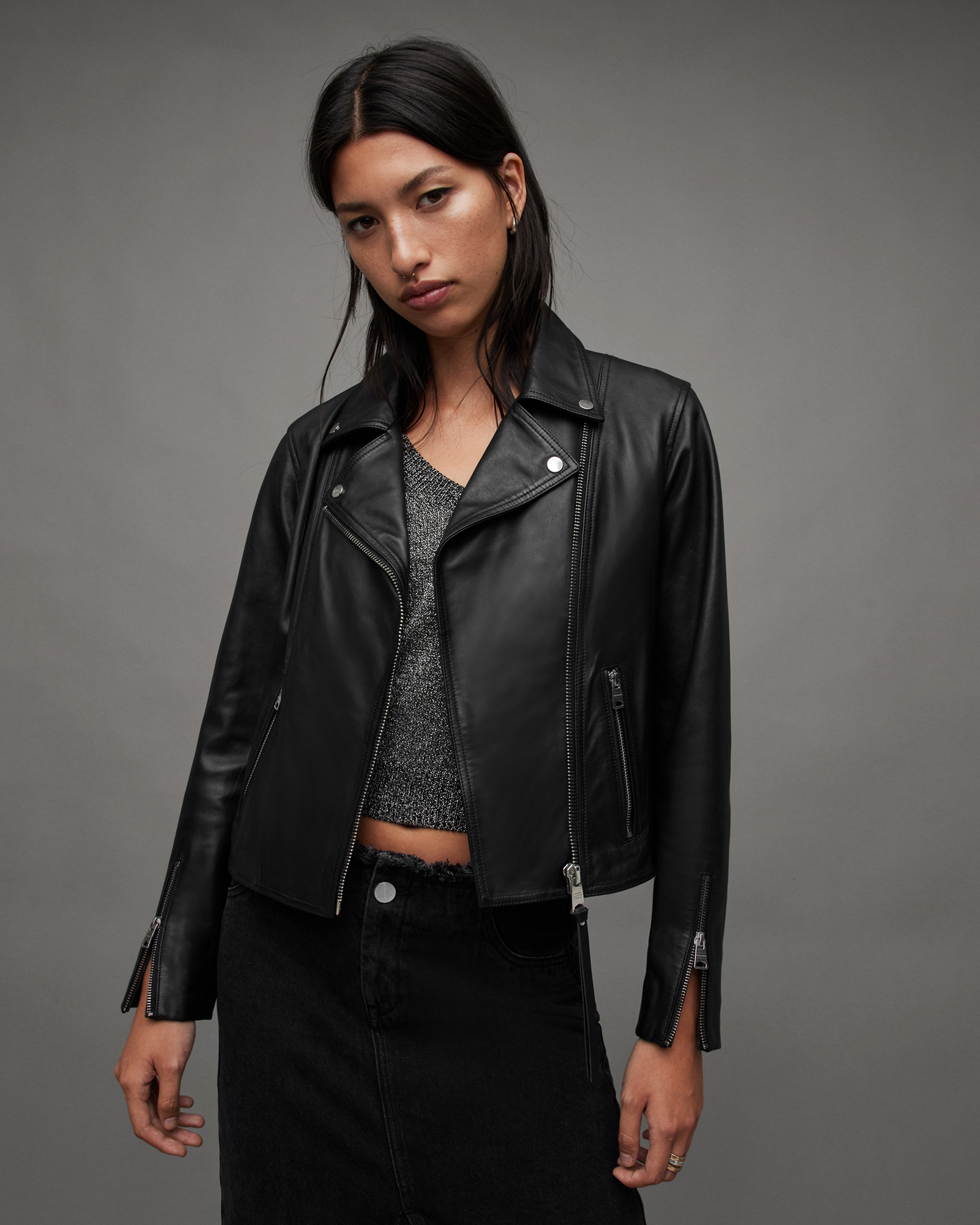 Neve Shrunken Slim Leather Biker Jacket Black | ALLSAINTS US