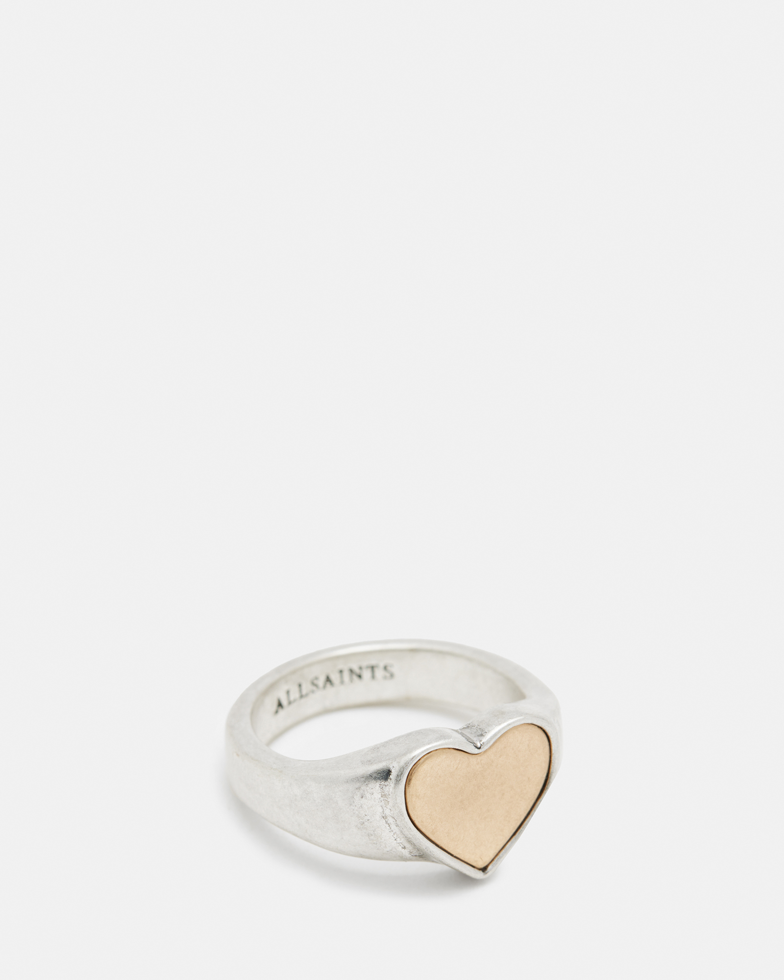 Allsaints Obi Two Tone Heart Shaped Ring In Wrm Bras/wrm Slver