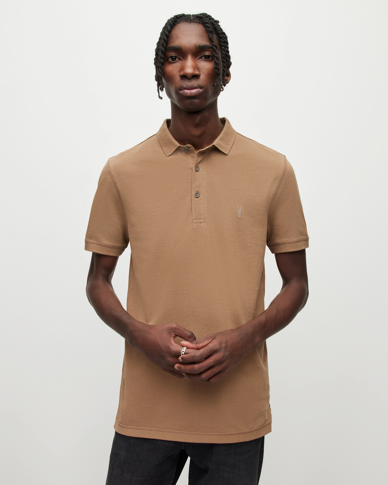 Allsaints Reform Short Sleeve Polo Shirt In Warm Taupe