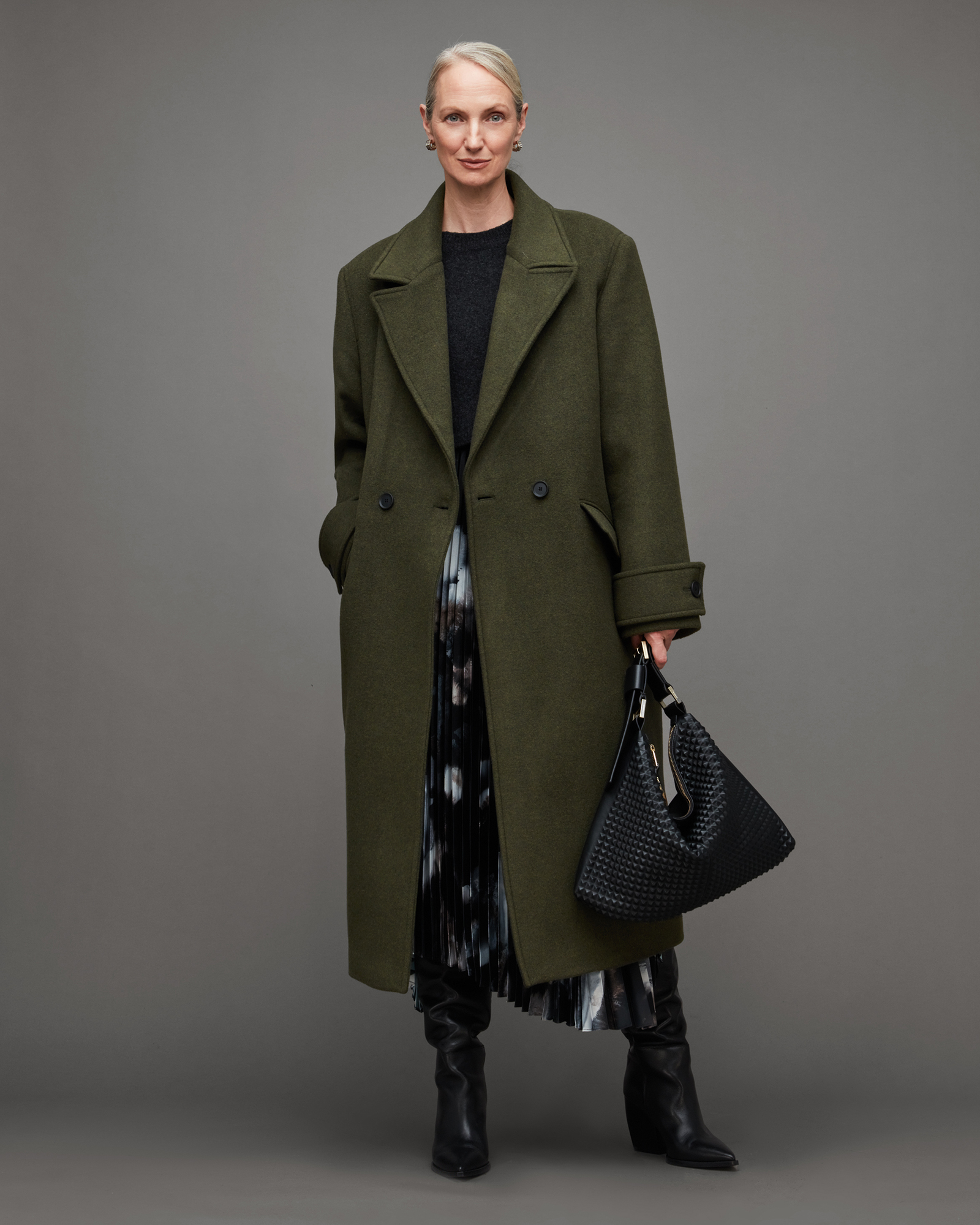 Allsaints Mabel Double Breasted Long Line Coat In Green