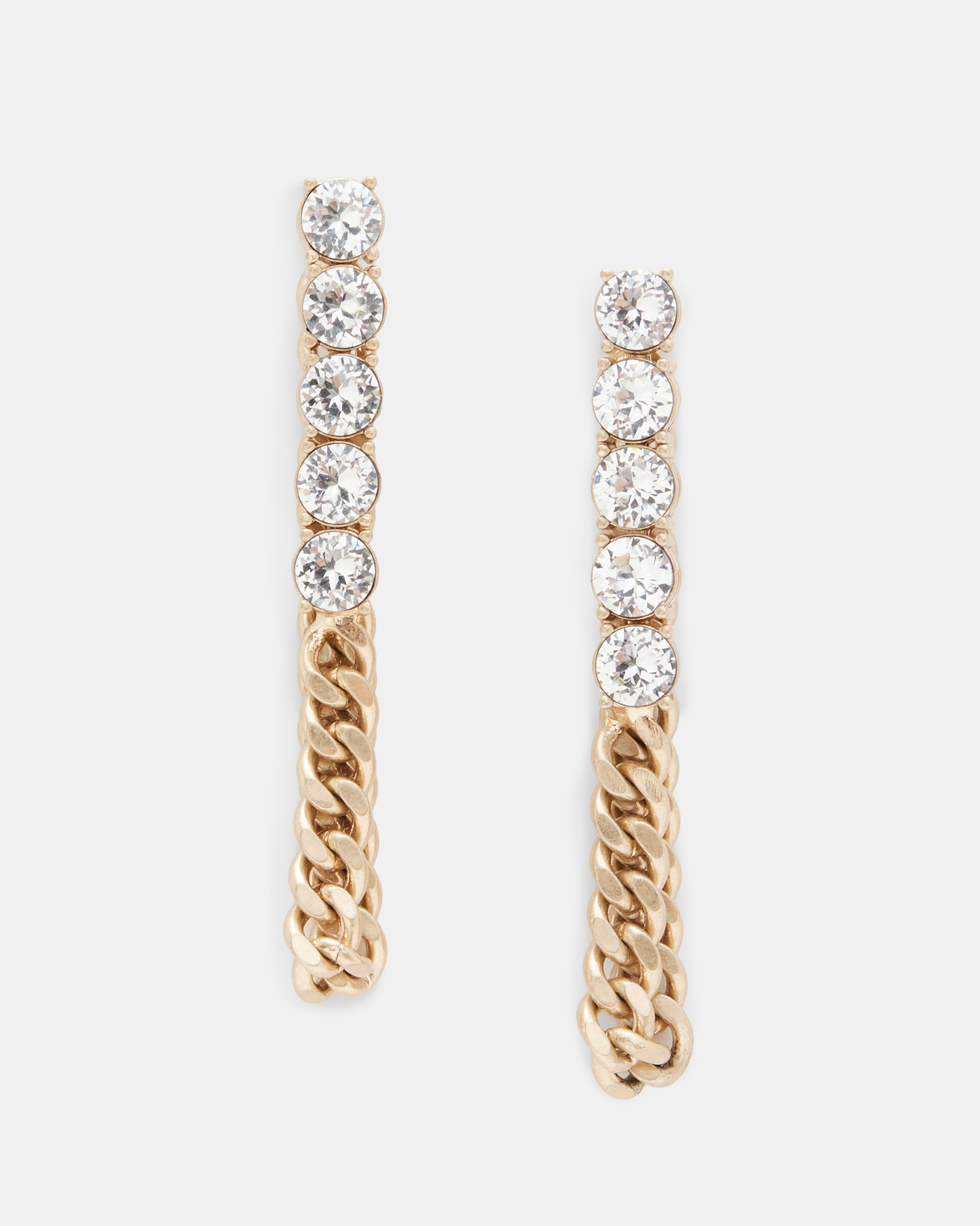 Allsaints Delmy Crystal Curb Chain Earrings In Warm Brass/crystal