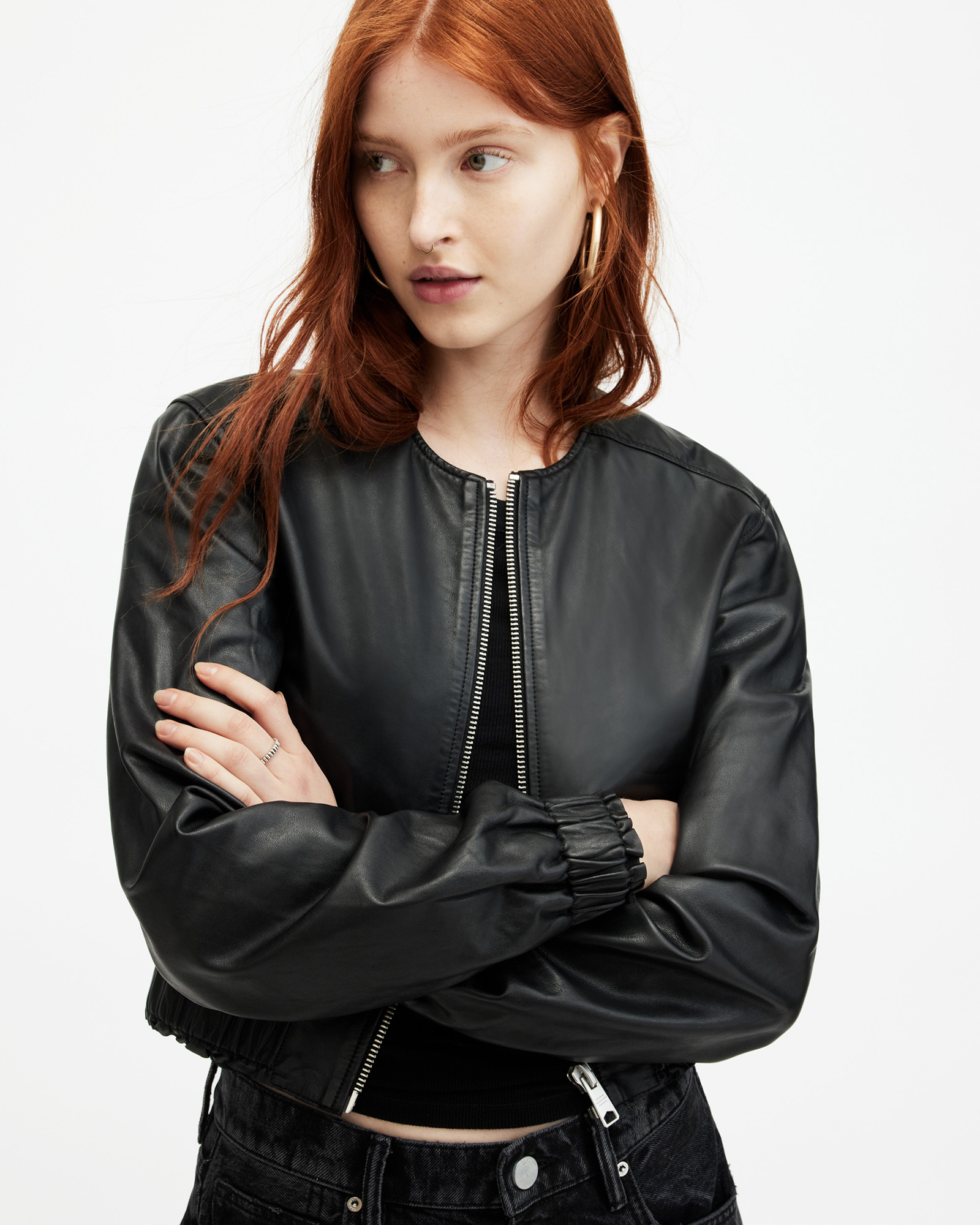 Shop Allsaints Everly Leather Bomber Jacket In Black