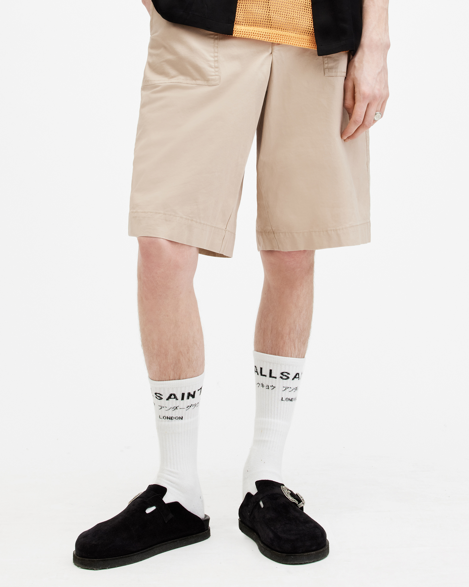Allsaints Hunt Long Relaxed Fit Shorts In Neutral